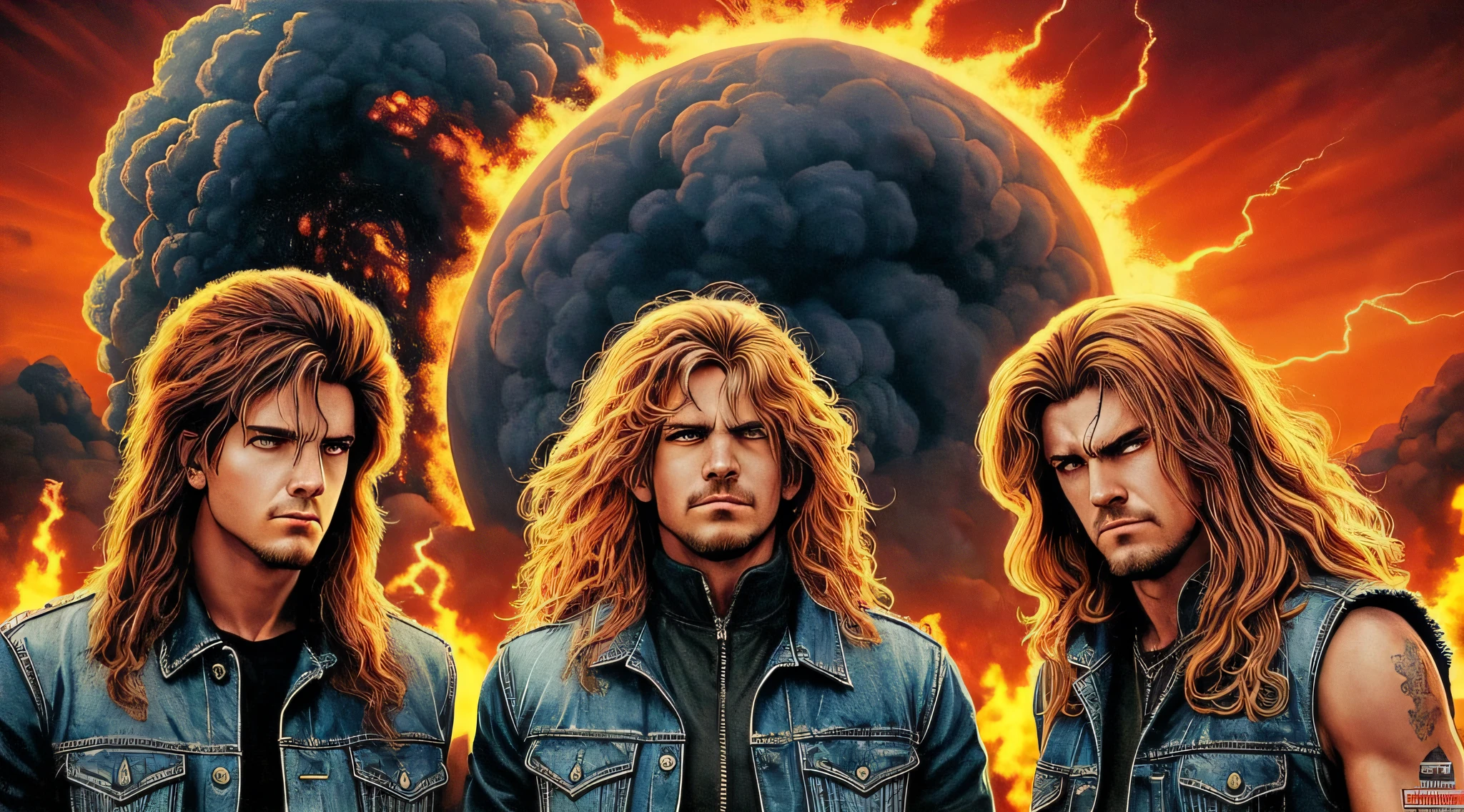 3 boys in SLEEVELESS DENIM JACKET clothes and jeans with bullet belt standing in front of a big explosion, closeup, portrait style, hellish, LIGHTNING, Heavy metal promo band, Thrash metal, Heavy Rock promo band photo, Arch Enemy, Burning in Hell, New Wave of British Heavy Metal, Long Blonde Flaming Hair, Heavy Metal The Movie, Destruction, Slayer, 2 0 0 6 Advertising Promo Shot, Proto - Metal Band Promo, Megadeth, death metal, Nuclear explosion over a city with a large mushroom cloud, nuclear bomb explosion, nuclear bomb explosion, nuclear explosion, nuclear mushroom cloud, nuclear attack, nuclear apocalypse, mushroom cloud on the horizon, huge nuclear mushroom cloud, nuclear explosion background, nuclear cloud, nuclear bomb, nuclear explosion on the horizon, nuclear explosions paint the sky, nuclear war, mushroom cloud on RED background