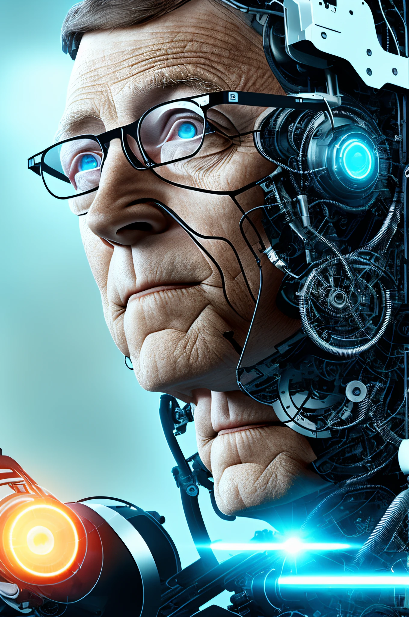 Bill Gates as a full-body cyborg| do not duplicate | Full Body Portrait| detailed face| symmetrical| steampunk| luzes amarelas cyberpunk| cyborg | intricate detailed| scalar| hyperrealistic| cinematographic lighting| digital art| concept art| Style MDJRNY-V4