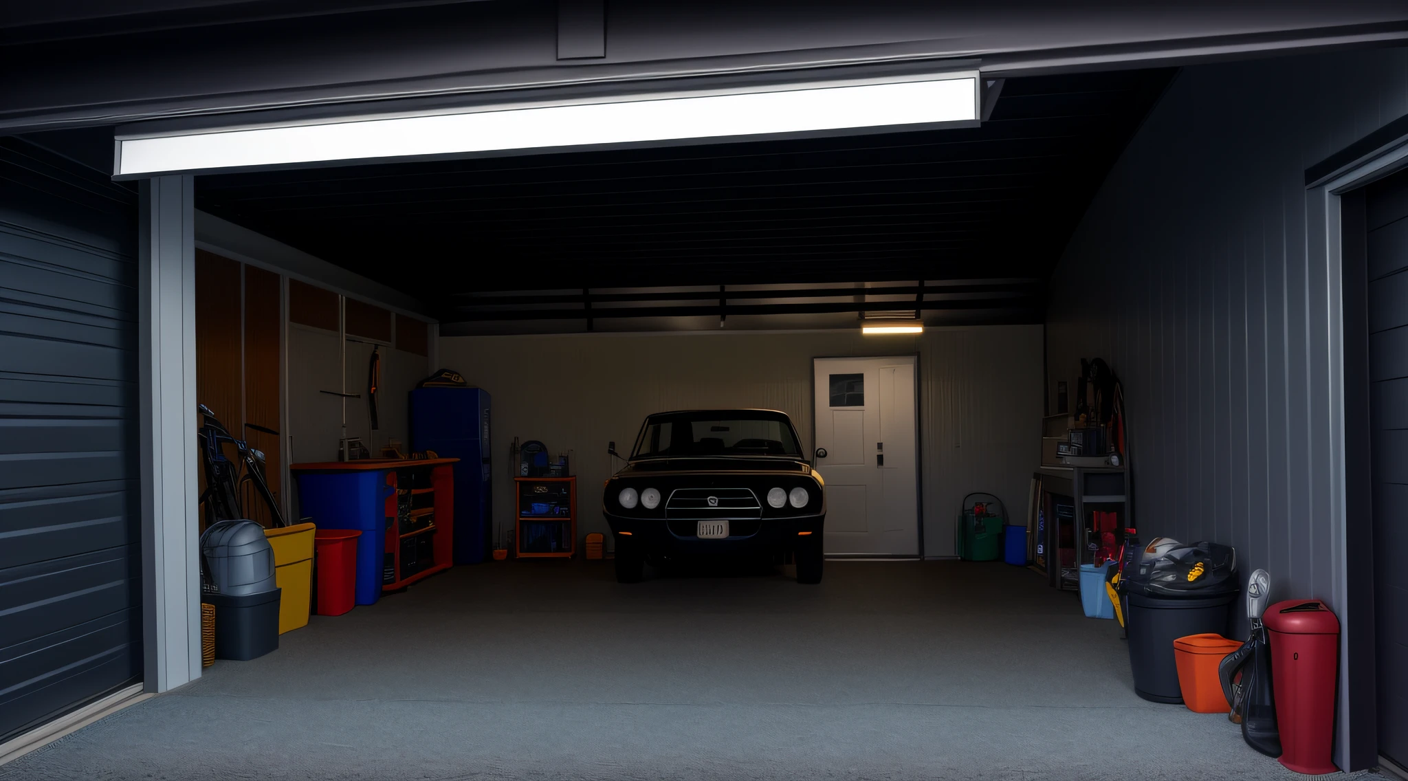 garage, interior of a house, dark sky, night, midnight, dawn