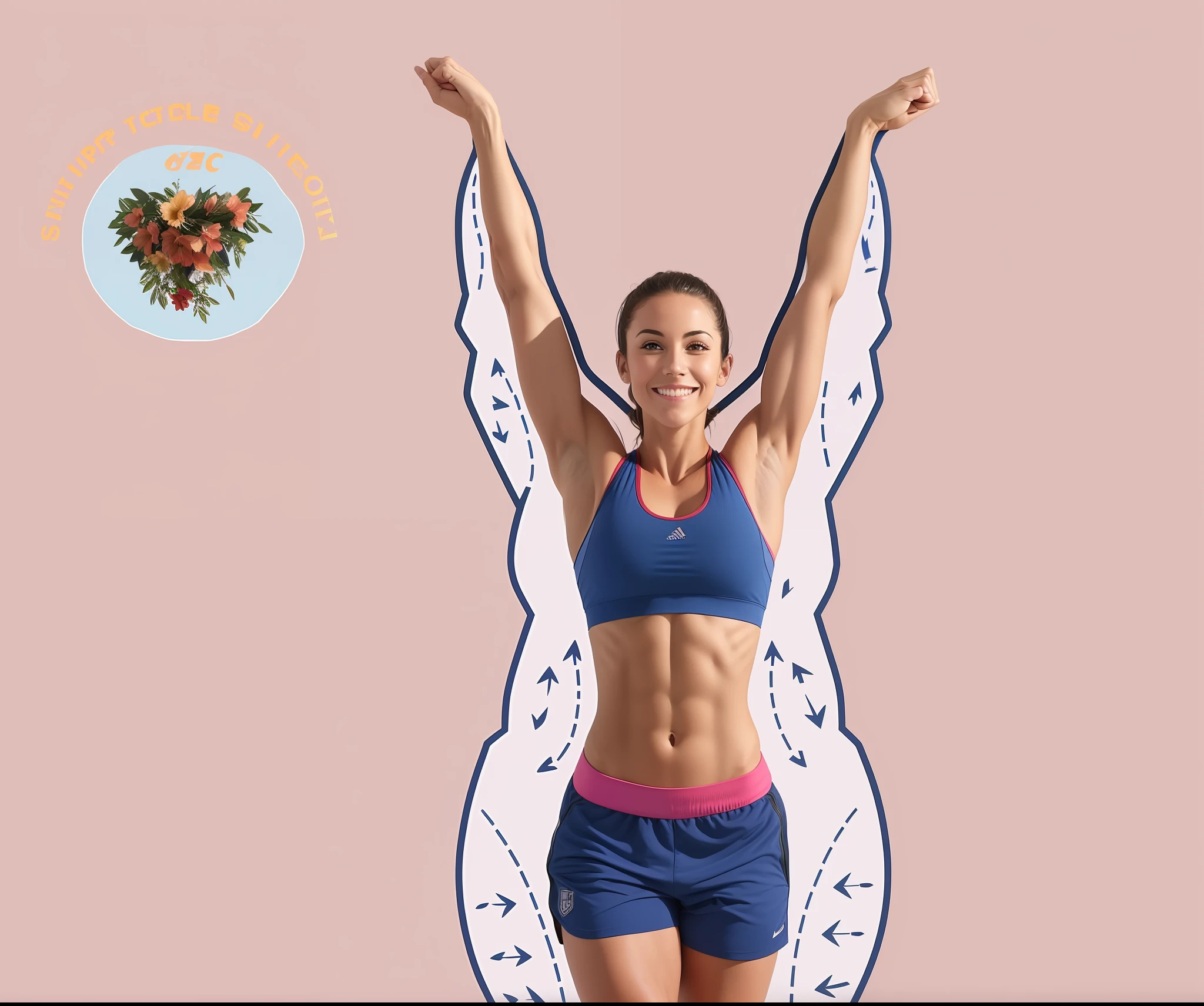 there is a woman in a blue sports bra top and shorts, pose(arms up + happy), cottagecore!! fitness body, centered full body, body symmetrical anatomy, short in stature, fit woman, flowers grow from the body, illustration!, fullest body, half body cropping, with arms up, focus on full - body, athletic muscle tone --auto --s2