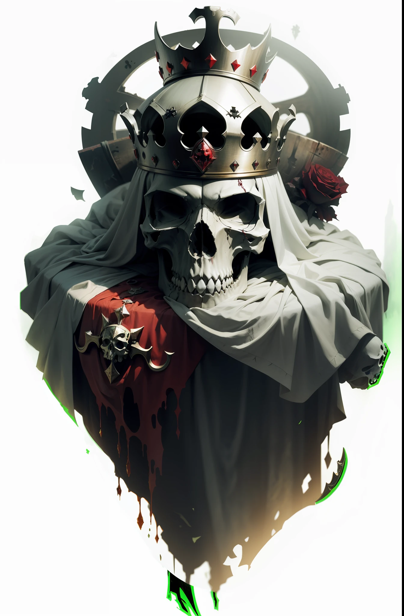 A Skull wearing a king's crown covered in blood, rags in king's robes.