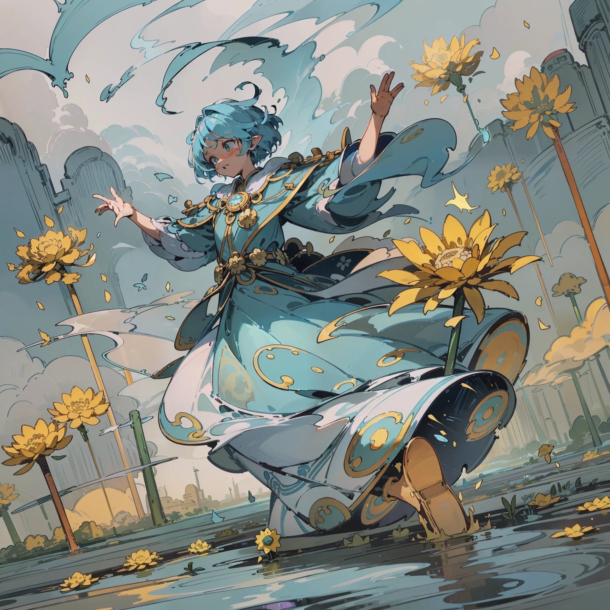 (Jinmu Water, Fire and Earth Element: 1.331), Left Hand Levitation Flame, Right Hand Suspended Ice Flame, Riding the Wind Under Your Feet, Characters Soaring into the Air, Wearing a Blue Wizard Hat, Wearing a Golden Wizard Long Skirt, Wizard Long Skirt with a lot of silver decorations, (White Chrysanthemum: 1.2), Magic Array at Your Feet, Ripples, Rotation, (Back), (Slime Elves on the Ground: 1.4), Wind, Outdoor, Intense Sunlight, Hell, (Broken Mirror in the background: 1.331), Double Eyelids, Convex Nose Bridge, Small Mouth, Maniacal, Comics, Ray tracing, detail, 4K, HD, high quality