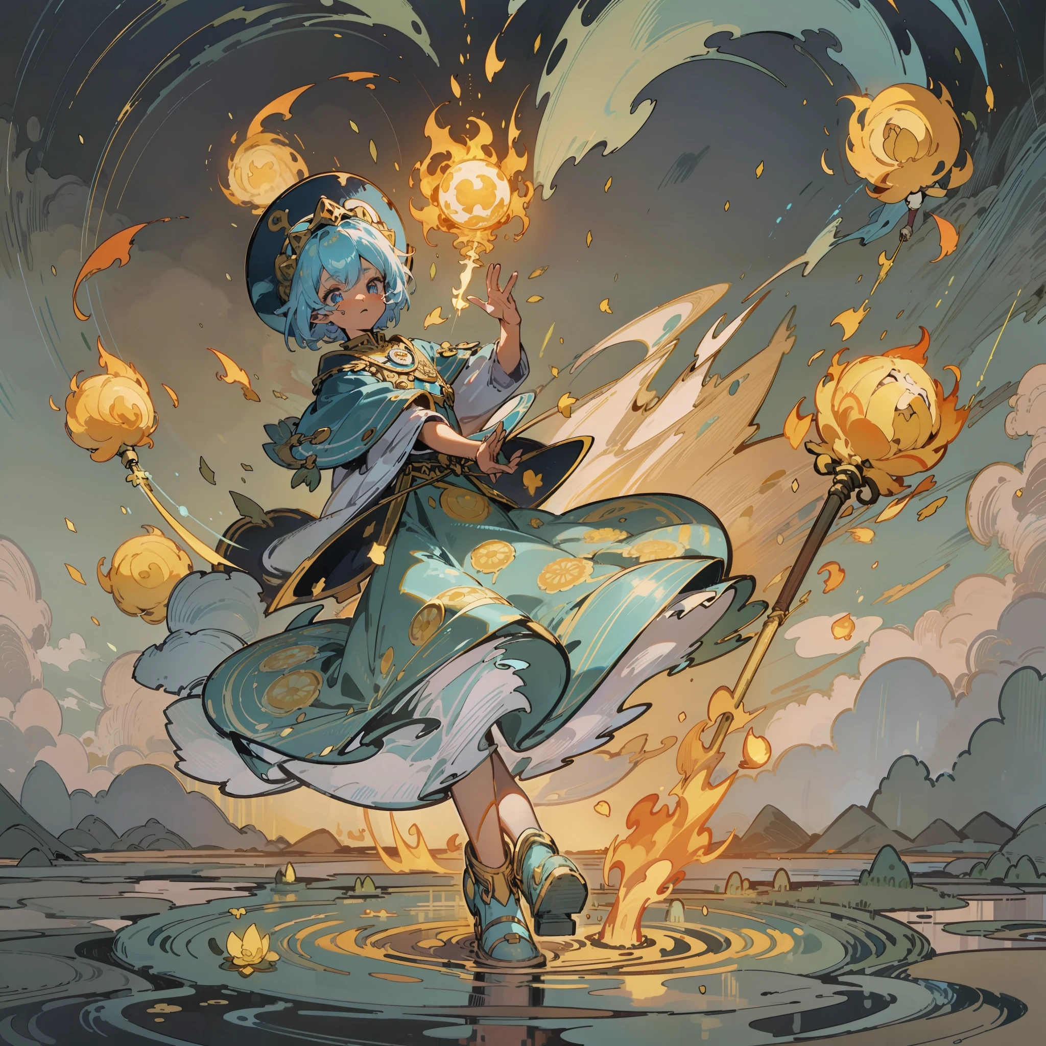 (Jinmu Water, Fire and Earth Element: 1.331), Left Hand Levitation Flame, Right Hand Suspended Ice Flame, Riding the Wind Under Your Feet, Characters Soaring into the Air, Wearing a Blue Wizard Hat, Wearing a Golden Wizard Long Skirt, Wizard Long Skirt with a lot of silver decorations, (White Chrysanthemum: 1.2), Magic Array at Your Feet, Ripples, Rotation, (Back), (Slime Elves on the Ground: 1.4), Wind, Outdoor, Intense Sunlight, Hell, (Broken Mirror in the background: 1.331), Double Eyelids, Convex Nose Bridge, Small Mouth, Maniacal, Comics, Ray tracing, detail, 4K, HD, high quality