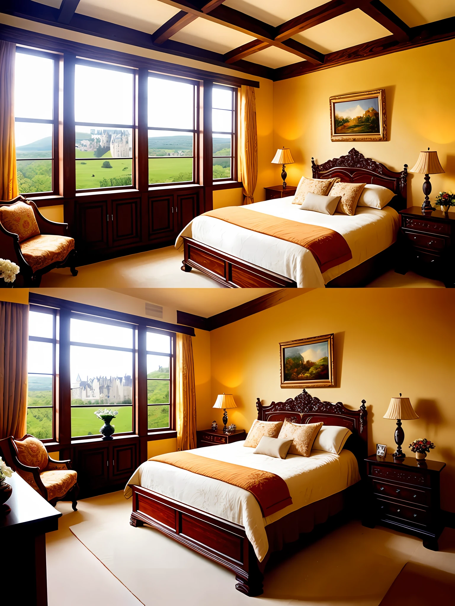 European castle bedroom, a soft bed, a coffee table, bedside table, vase, hanging paintings, dressing table, square glass windows, wooden furniture, wardrobe, intricate carvings, and oil paintings. Warm colors, award-winning masterpieces with incredible detail, large windows --v 6