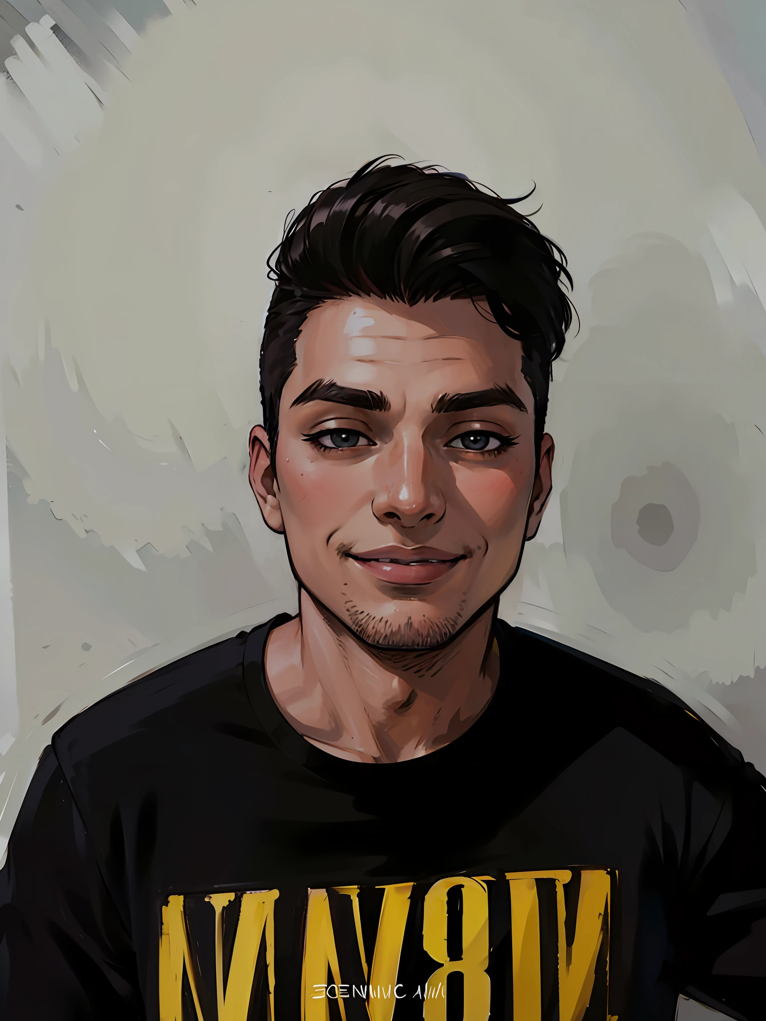 (masterpiece),(best quality:1.0), (ultra highres:1.0), detailed illustration, 8k, 1boy, anime boy, wearing black t-shirt, smiling, detailed face, perfect face, anime eyes, detailed eyes, dark brown eyes, detailed hair, highlights in hair, day time, highly detailed, anime style, vibrant