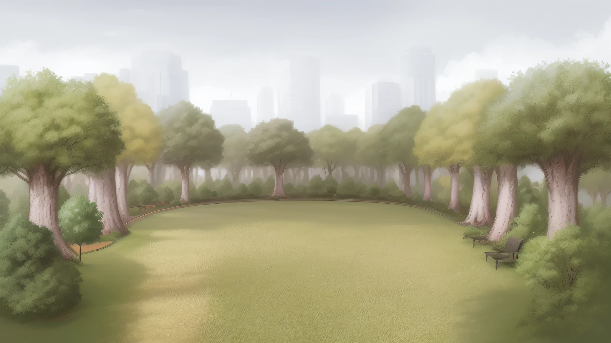 There is a painting of a park with trees and buildings in the background, forest scenery with skyscrapers, park background, background art, city environment, some trees in the background, cartoon, anime style, bright colors