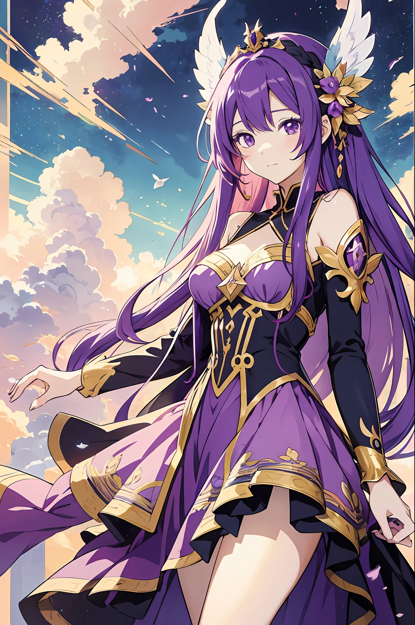 flat illustration anime girl with long purple hair wearing a purple dress and a tiable, an anime drawing by Kamagurka, pixiv, fantasy art, detailed digital anime art, anime style 4 k, detailed anime art, anime goddess, beautiful anime art style, anime princess, anime moe artstyle, 8k high quality detailed art, detailed anime artwork, anime illustration, soft pastel tones