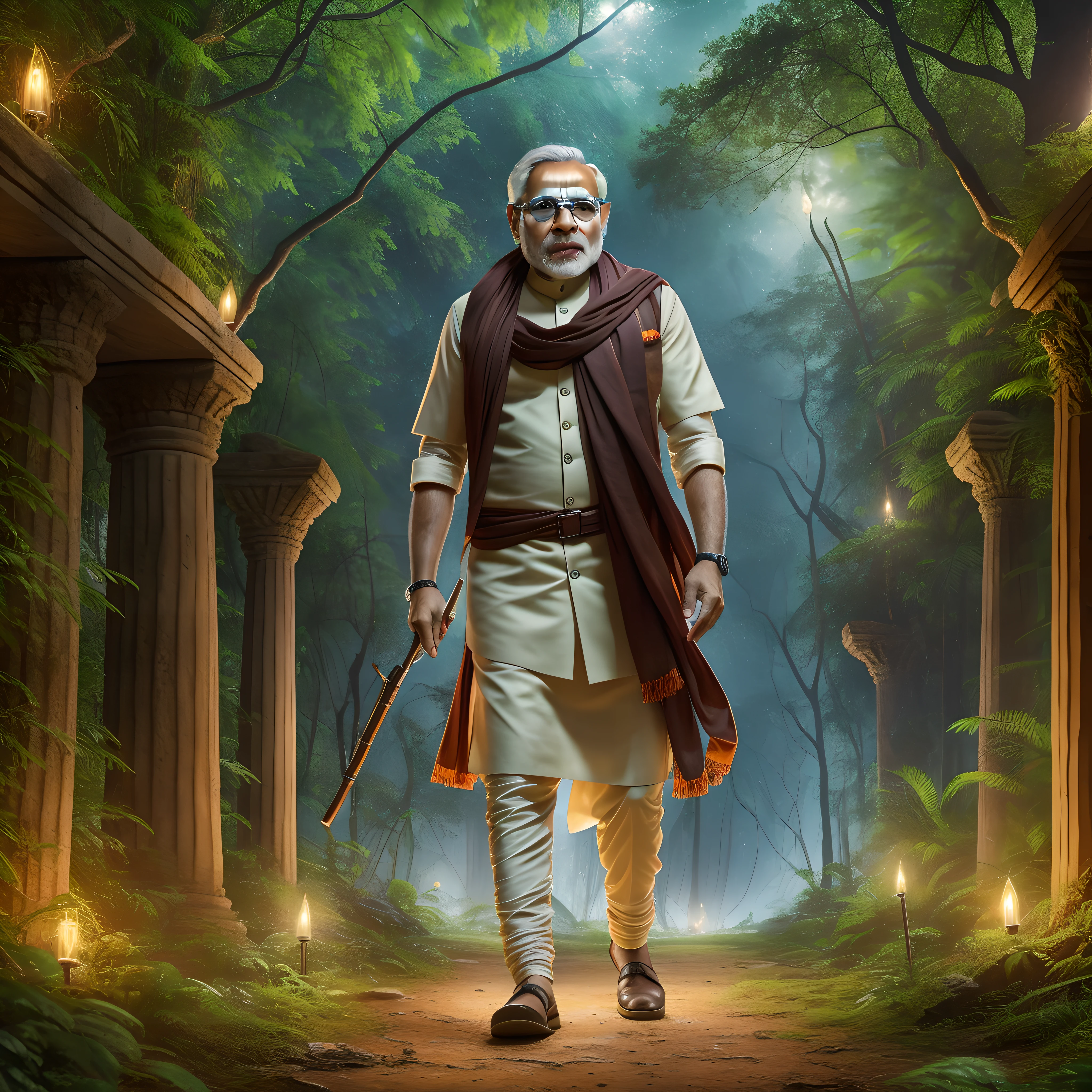masterpiece, Narendra Modi walking through jungle at night among fireflies, garden, detailed background ancient ruins, 4k, 8k, high quality, high detailed, professional artwork, ultra realistic, photorealistic, photography, dslr, flawless, clean, masterpiece, perfect artwork, famous artwork, cinematic lighting, cinematic bloom, picture-perfect face,
