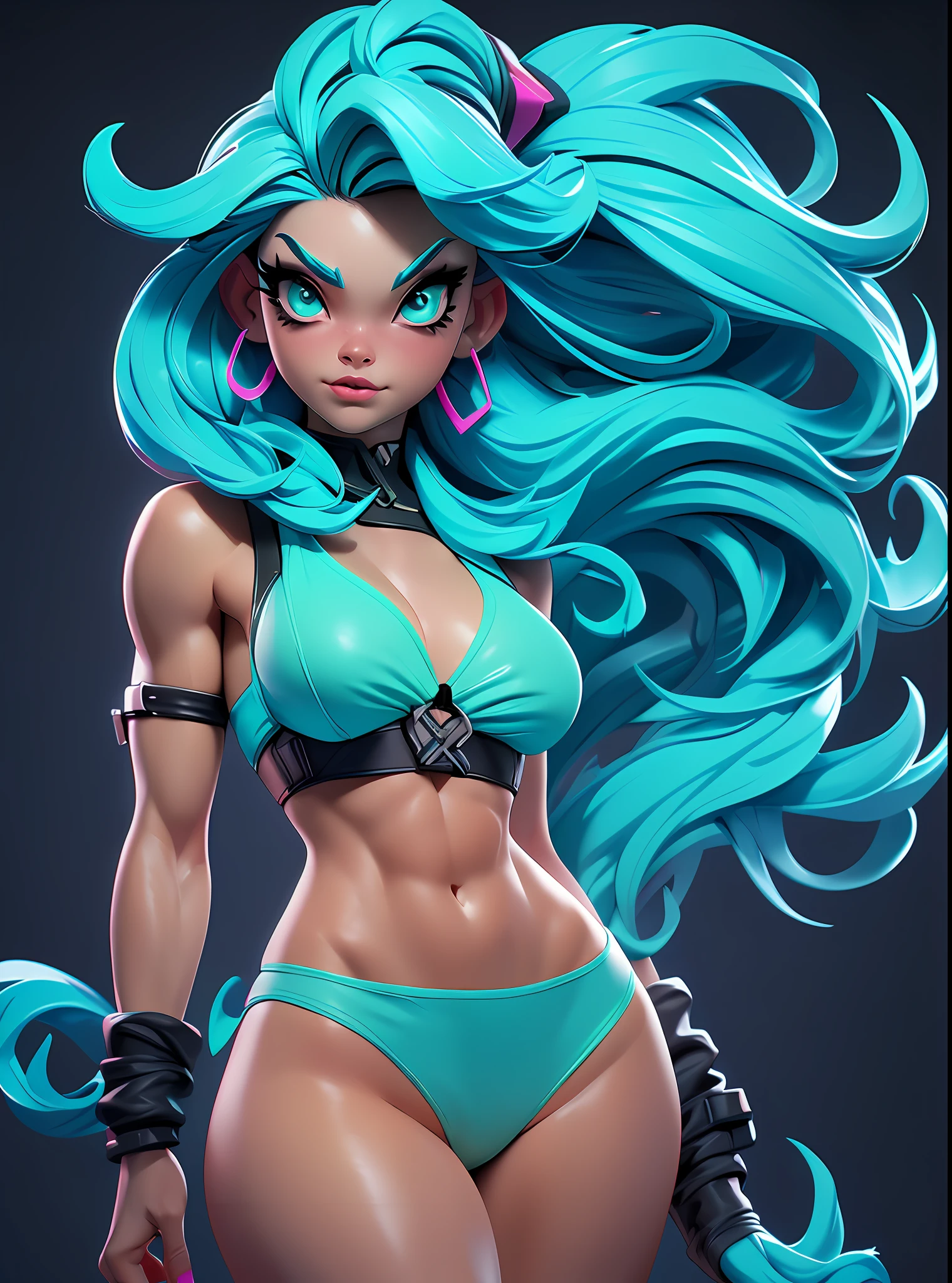 ((Best Quality)), ((Masterpiece)), ((Realistic)) and ultra-detailed photography of a 1nerdy girl with goth and neon colors. She has ((turquoise hair)), wears a small skimpy black bikini thong , ((beautiful and aesthetic)), muscular fit body abs, sexy, under-boobs, hot