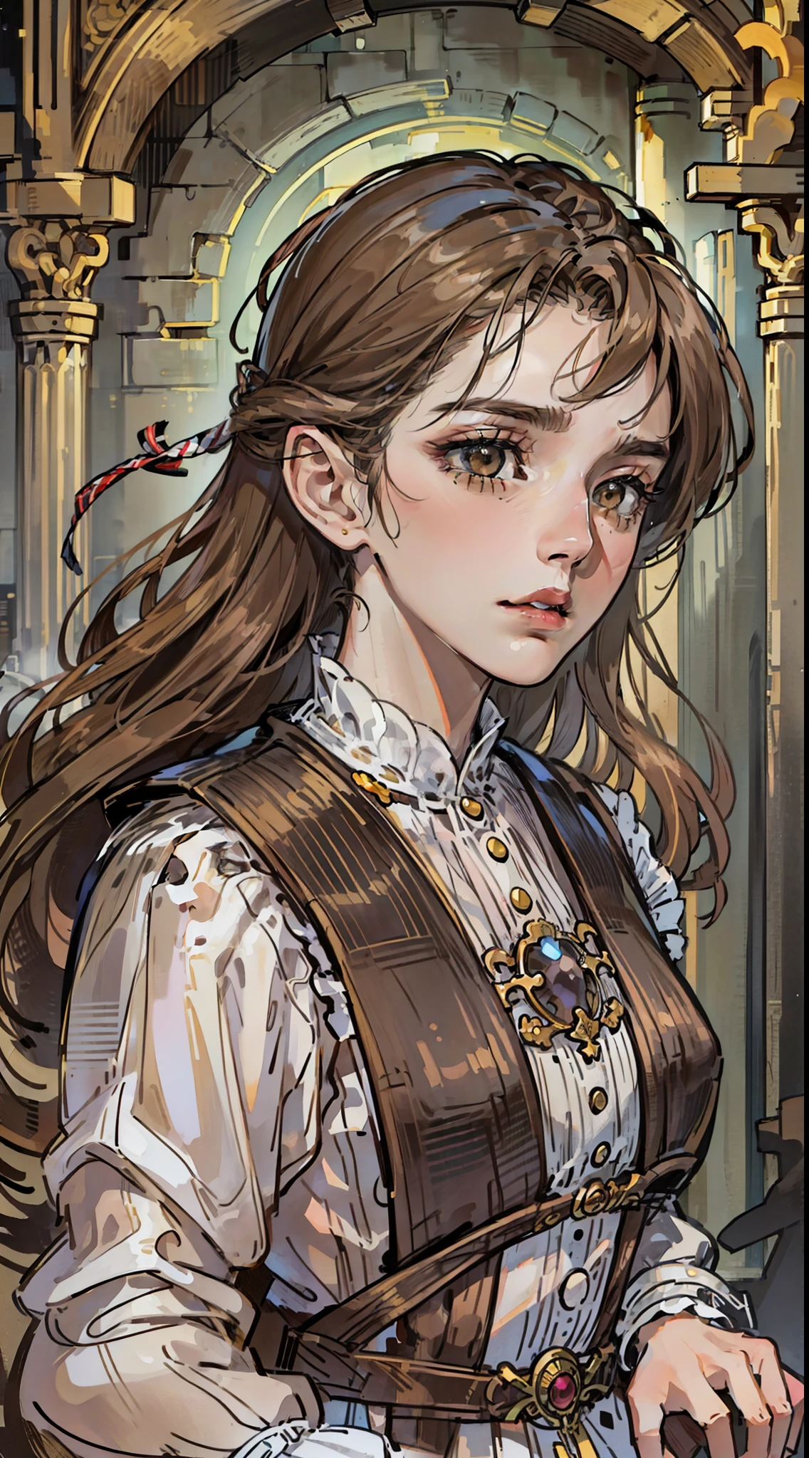 (8k, RAW photo, best quality, masterpiece: 1.2), (realistic, photorealistic: 1.37), (1GIRL) long wavy brown hair, (((middle stripe))) (((NO SKIN))) (((/dull brown eyes/))), calm expression, closed mouth, malancholic look, (antique, covered and simple maid's clothes), (((NOT NSFW))) church background, (((night))) moonlight, fantastic atmosphere, beautiful lights, perfect and detailed face, beautiful and melancholy face, young woman of 20 years, (((FULL BODY)))