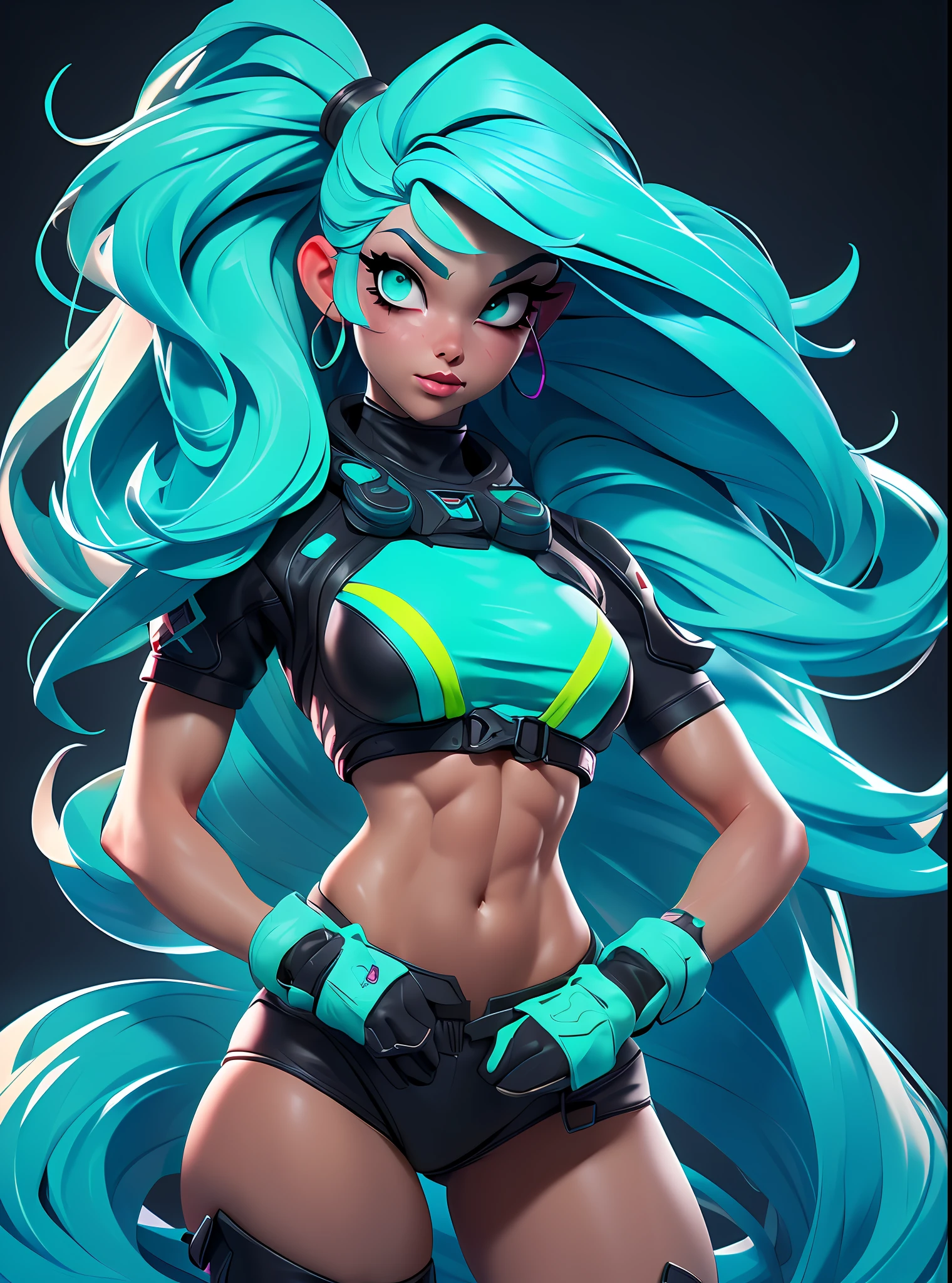 ((Best Quality)), ((Masterpiece)), ((Realistic)) and ultra-detailed photography of a 1nerdy girl with goth and neon colors. She has ((turquoise hair)), wears a small skimpy black bikini thong , ((beautiful and aesthetic)), muscular fit body abs, sexy, under-boobs, hot