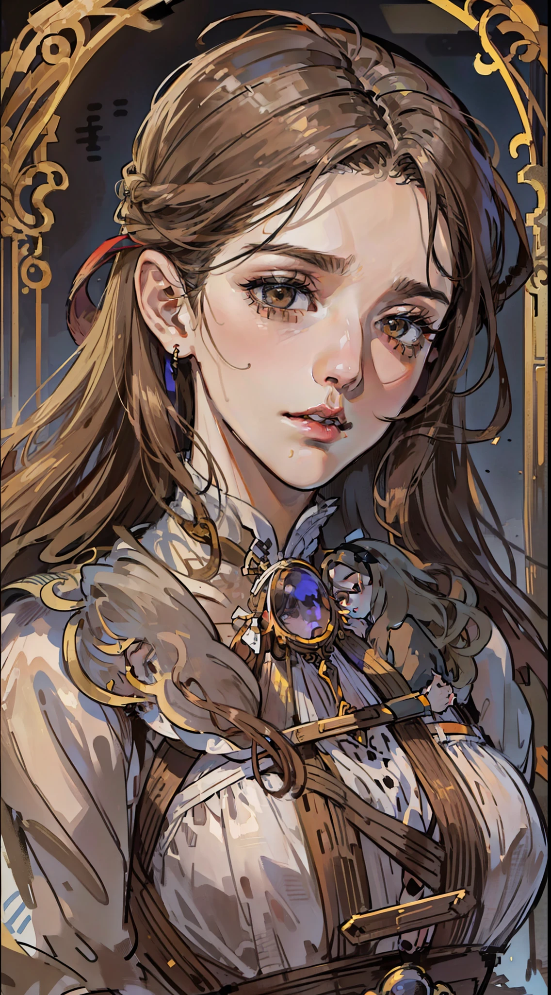 (8k, RAW photo, best quality, masterpiece: 1.2), (realistic, photorealistic: 1.37), (1GIRL) long wavy brown hair, (((middle stripe))) (((NO SKIN))) (((/dull brown eyes/))), calm expression, closed mouth, malancholic look, (antique, covered and simple maid's clothes), (((NOT NSFW))) church background, (((night))) moonlight, fantastic atmosphere, beautiful lights, perfect and detailed face, beautiful and melancholy face, young woman of 20 years, (((FULL BODY)))