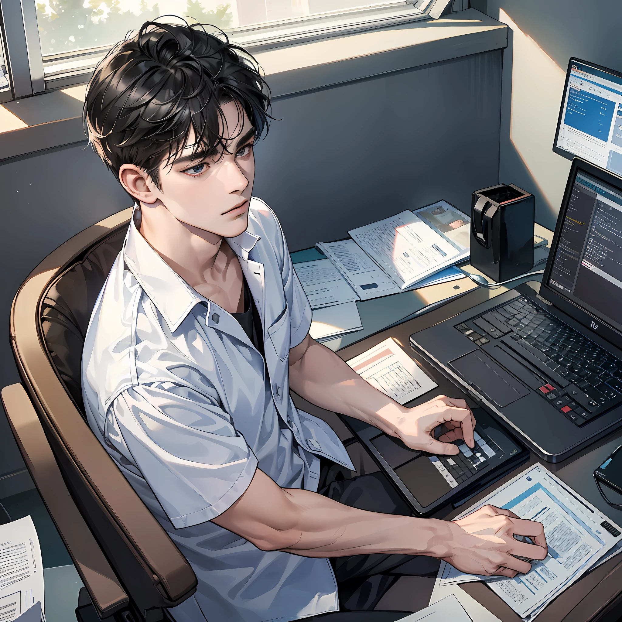 Masterpiece, high quality, best quality, HD, realistic, perfect lighting, a man, detailed face, short black hair, white patient gown, expression painful, sitting in hospital bed working with laptop