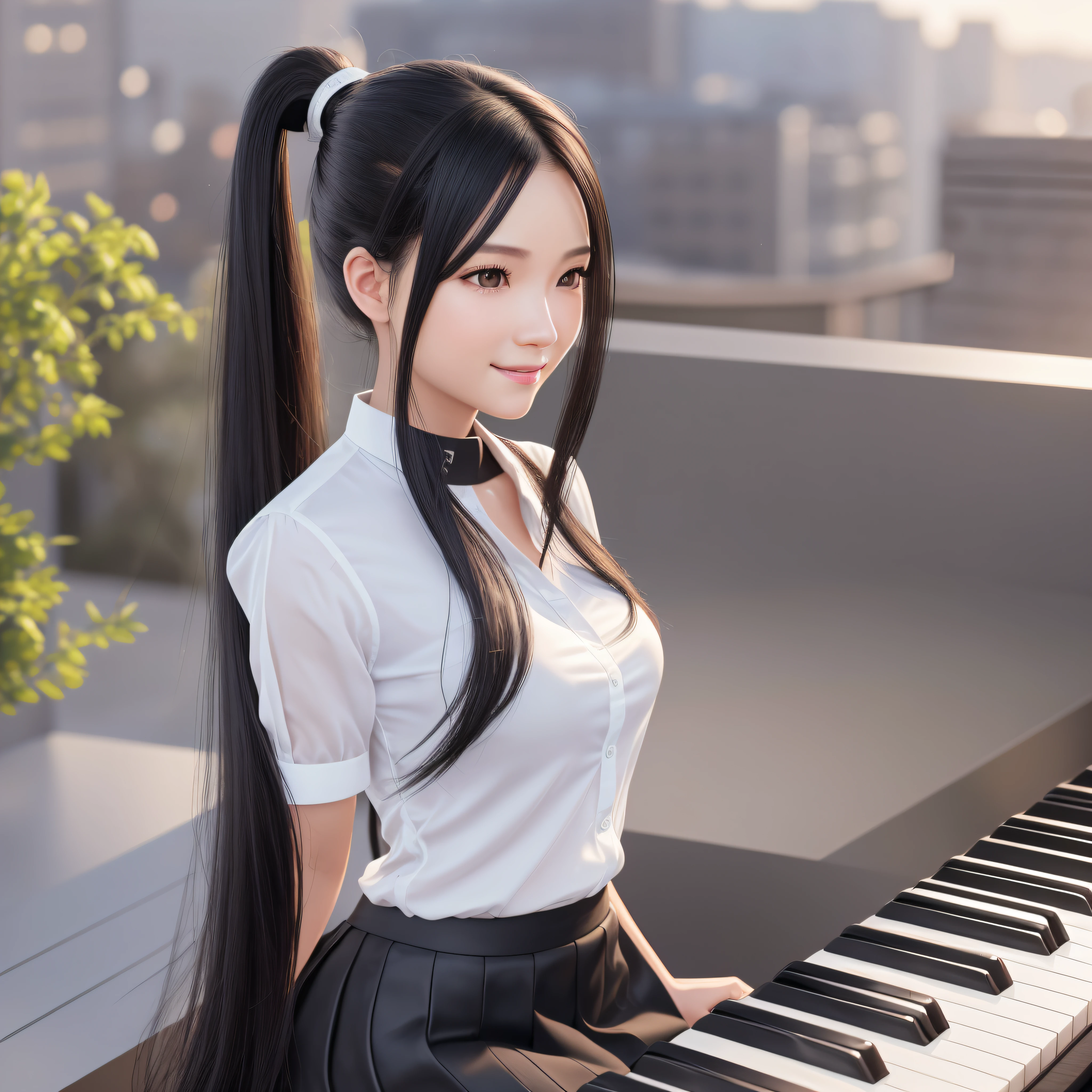 Best quality, long black hair, youthful, ultra-realistic details, modern, depth of field, smile, translucent white shirt, 8k, short skirt, ultra-realistic background, detailed facial features, ultra-wide angle ultra-far view, ponytail, sitting on the roof and playing the piano