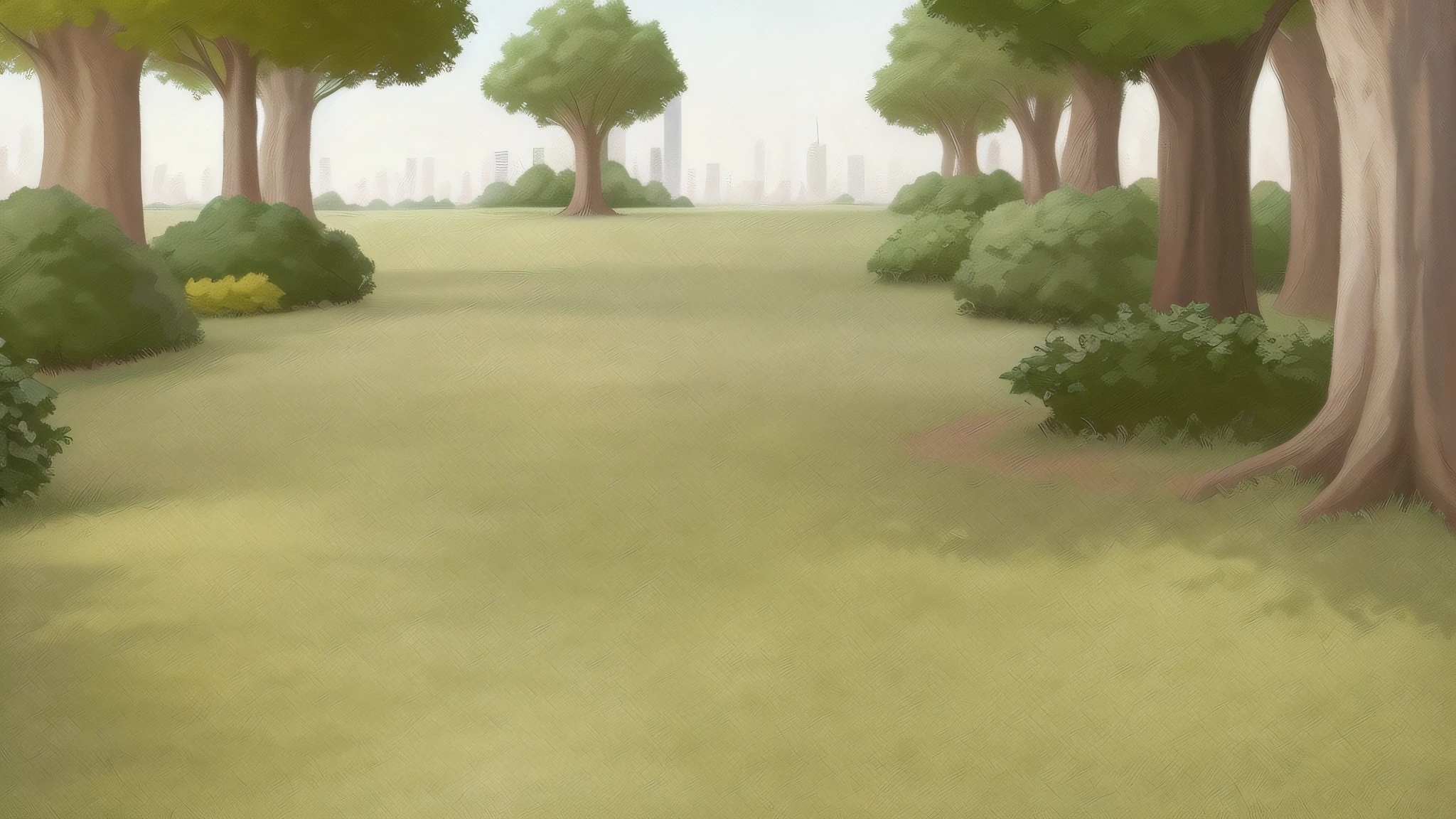 There is a painting of a park with trees and buildings in the background, forest scenery with skyscrapers, park background, background art, city environment, some trees in the background, cartoon, anime style, bright colors