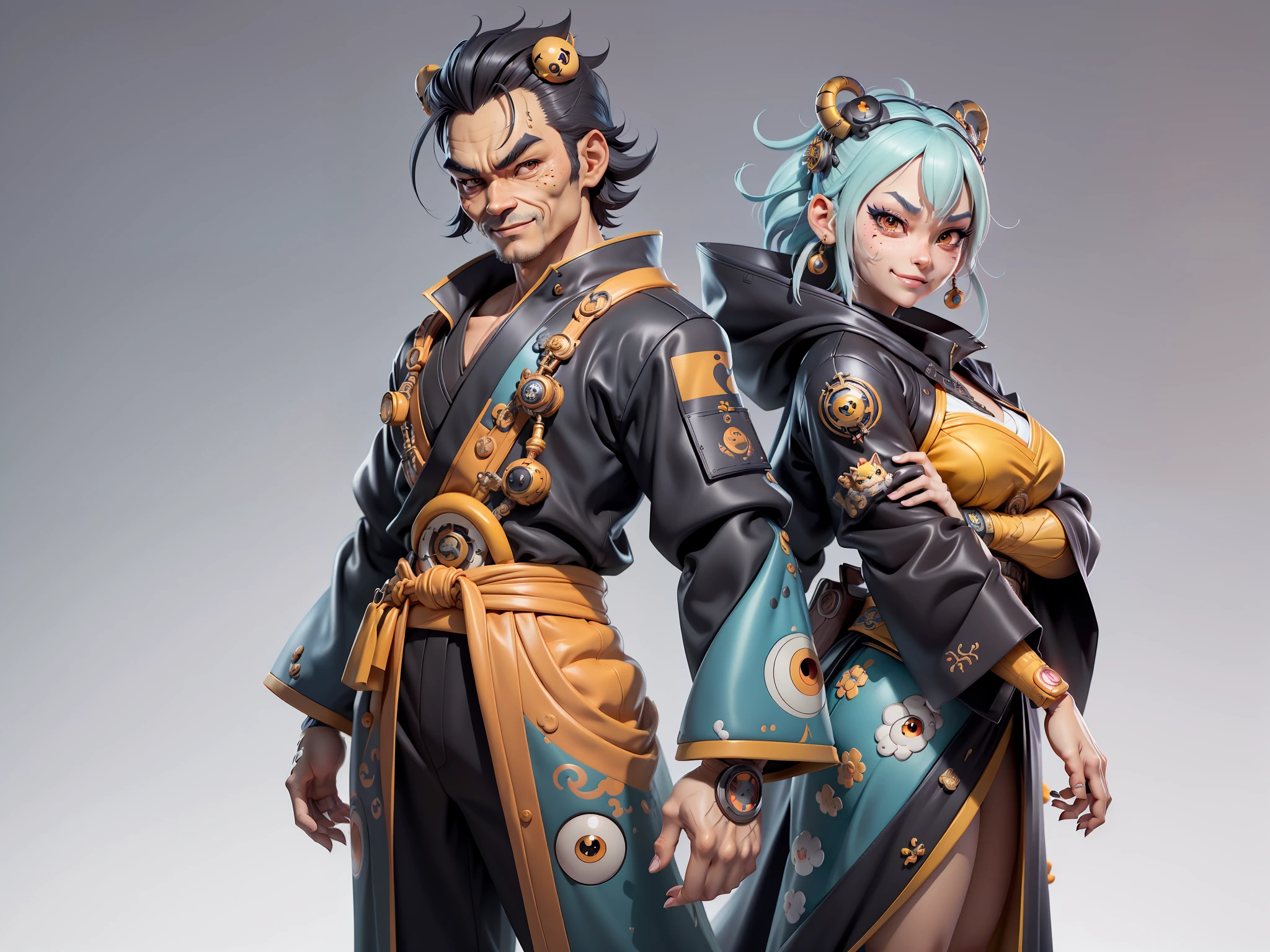 (Masterpiece), (Extreme Quality), (Super Meticulous), (Full Body: 1.2), Super Young Woman, Japanese Female Geisha, Beauty, Chinese Dragon, Tiger, Fengshen Thor, Sexy, Bursting, Oriental Face, TV Anchor, Bust Portrait Illustration, Alone, Black Suit, Blue Tie, Slightly Chubby, Very Clean Face, No Beard, Black Super Short Hair, Black Eyes, Confident Smile, 3c Computer Sub-Products, iPad, iPhone, Digital Painting, 3D character design by Mark Clairedon and Pixar and Hayao Miyazaki and Akira Toriyama, the illustrations are HD illustrations in 4K resolution with highly detailed facial features and cartoon-style visuals.