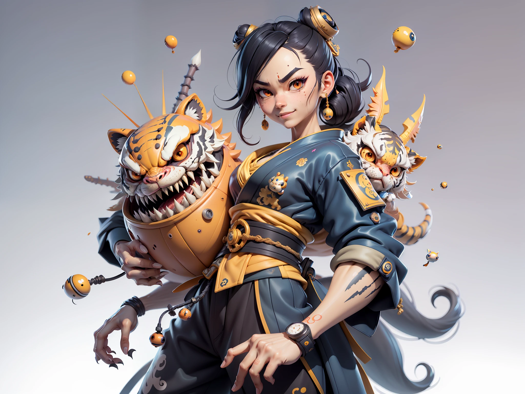 (Masterpiece), (Extreme Quality), (Super Meticulous), (Full Body: 1.2), Super Young Woman, Japanese Female Geisha, Beauty, Chinese Dragon, Tiger, Fengshen Thor, Sexy, Bursting, Oriental Face, TV Anchor, Bust Portrait Illustration, Alone, Black Suit, Blue Tie, Slightly Chubby, Very Clean Face, No Beard, Black Super Short Hair, Black Eyes, Confident Smile, 3c Computer Sub-Products, iPad, iPhone, Digital Painting, 3D character design by Mark Clairedon and Pixar and Hayao Miyazaki and Akira Toriyama, the illustrations are HD illustrations in 4K resolution with highly detailed facial features and cartoon-style visuals.