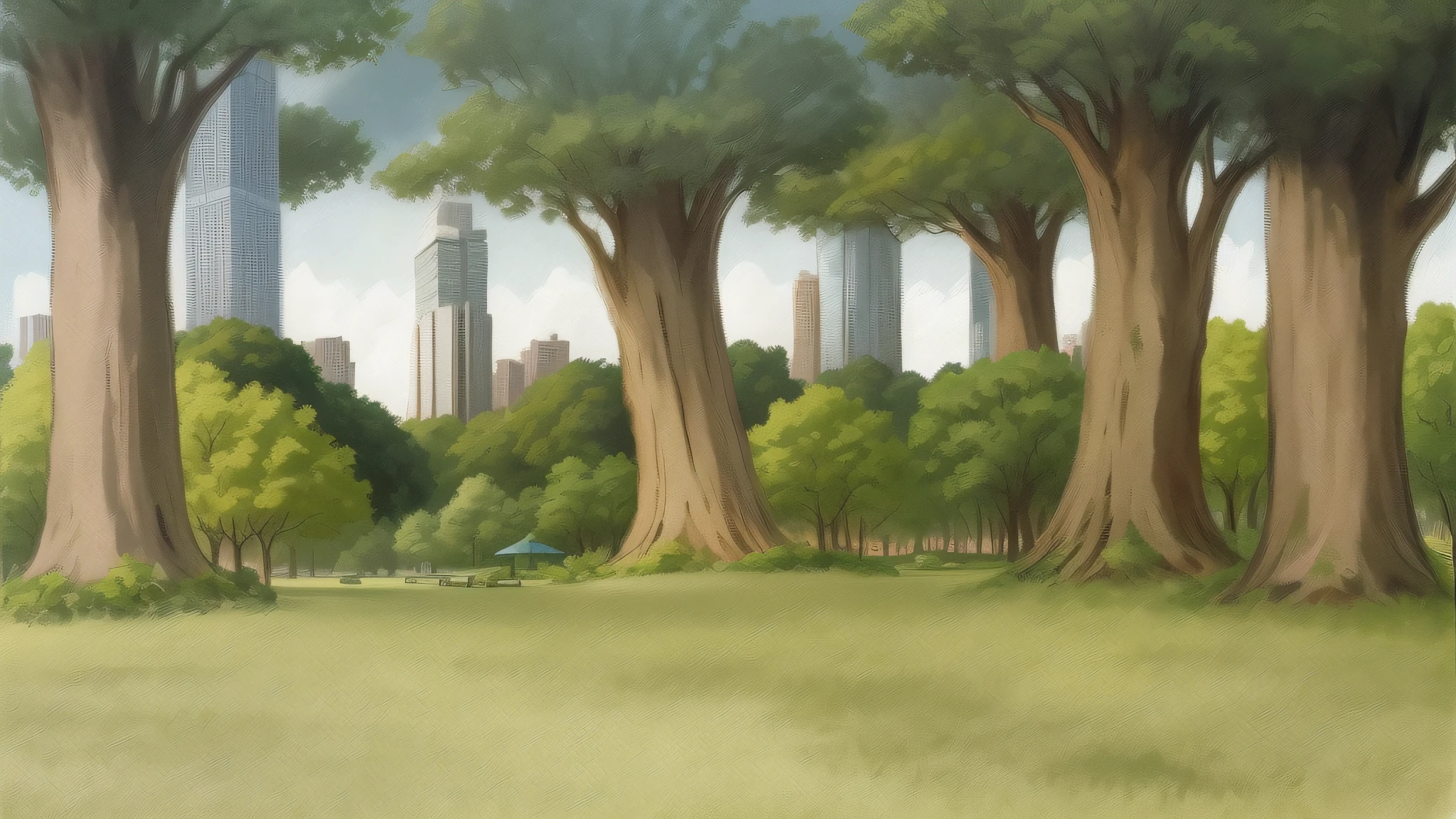 There is a painting of a park with trees and buildings in the background, forest scenery with skyscrapers, park background, background art, city environment, some trees in the background, cartoon, anime style, bright colors