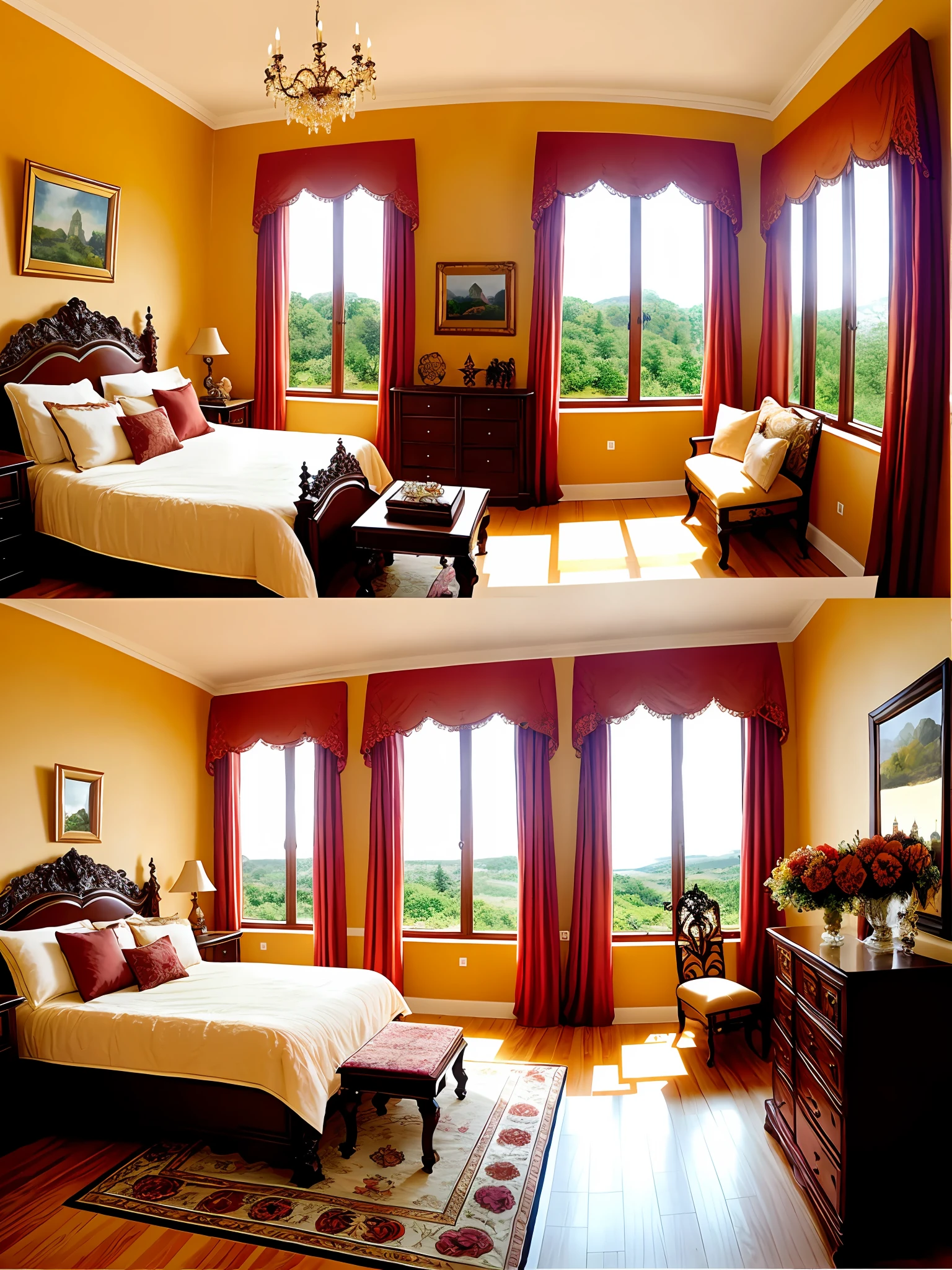 European castle bedroom, a soft bed, a coffee table, bedside table, vase, hanging paintings, dressing table, square glass windows, wooden furniture, wardrobe, intricate carvings, and oil paintings. Warm colors, award-winning masterpieces with incredible detail, large windows --v 6