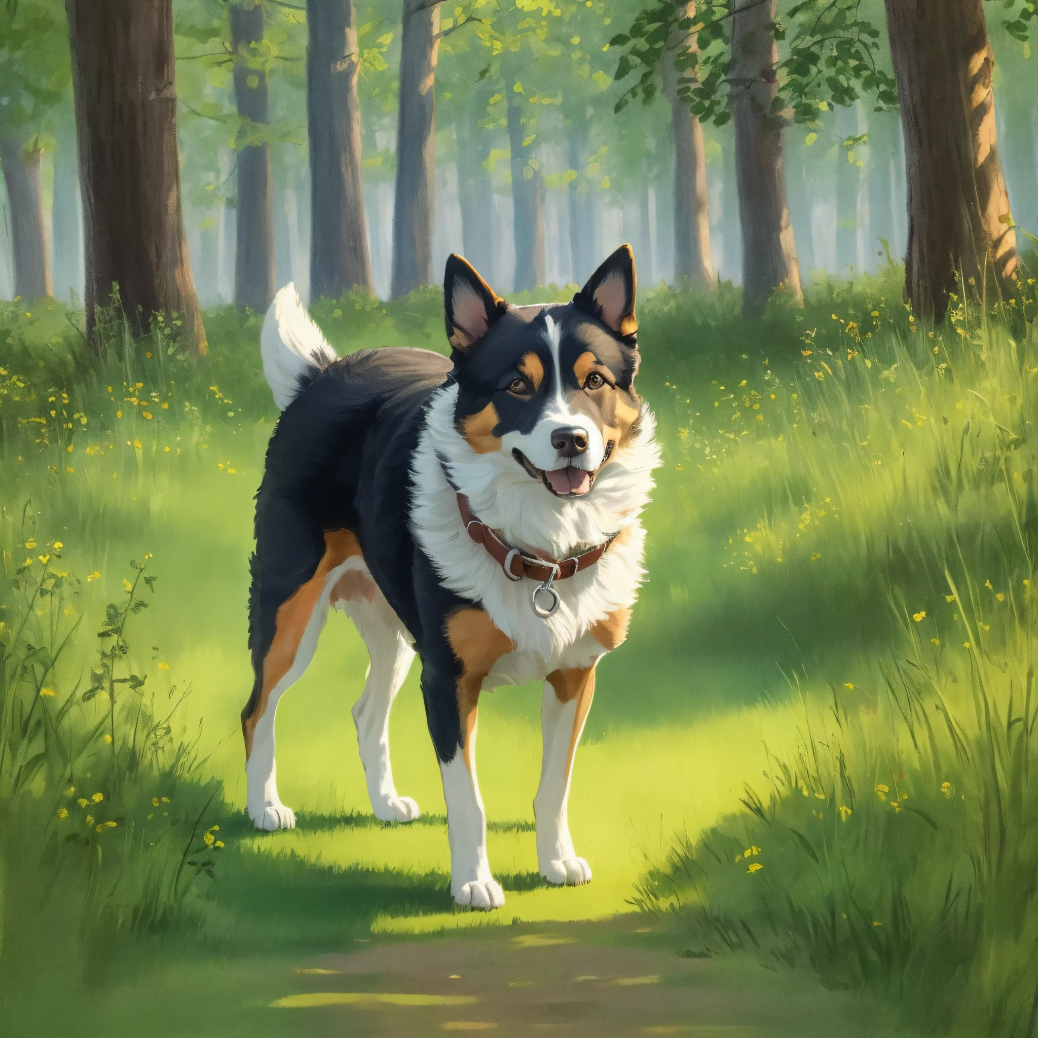 The dog is ordinary, domestic, standing in a clearing, green blurred background, excellent quality drawing, plain background, good detail of the animal, careless drawing with paints