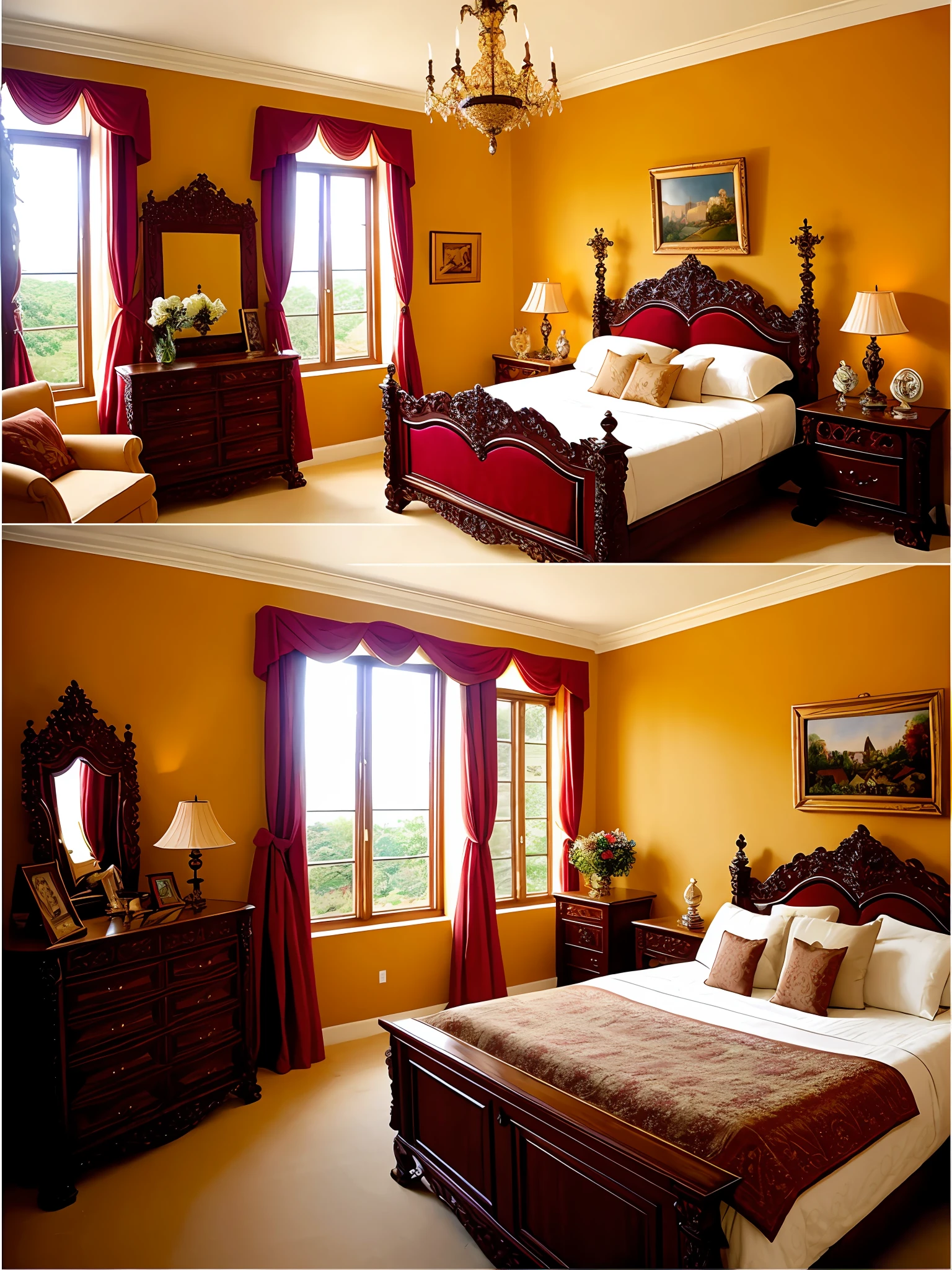 European castle bedroom, a soft bed, a coffee table, bedside table, vase, hanging paintings, dressing table, square glass windows, wooden furniture, wardrobe, intricate carvings, and oil paintings. Warm colors, award-winning masterpieces with incredible detail, large windows --v 6