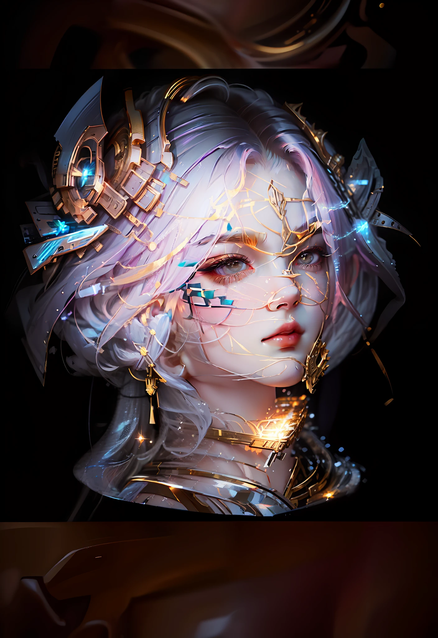 8K portrait rendering, CGeSociety portrait, intricate WLOP, digital fantasy portrait, beautiful cyberpunk girl face, 8K high quality detail art, beautiful fantasy portrait, perfect ratio face, realistic background, black and gold