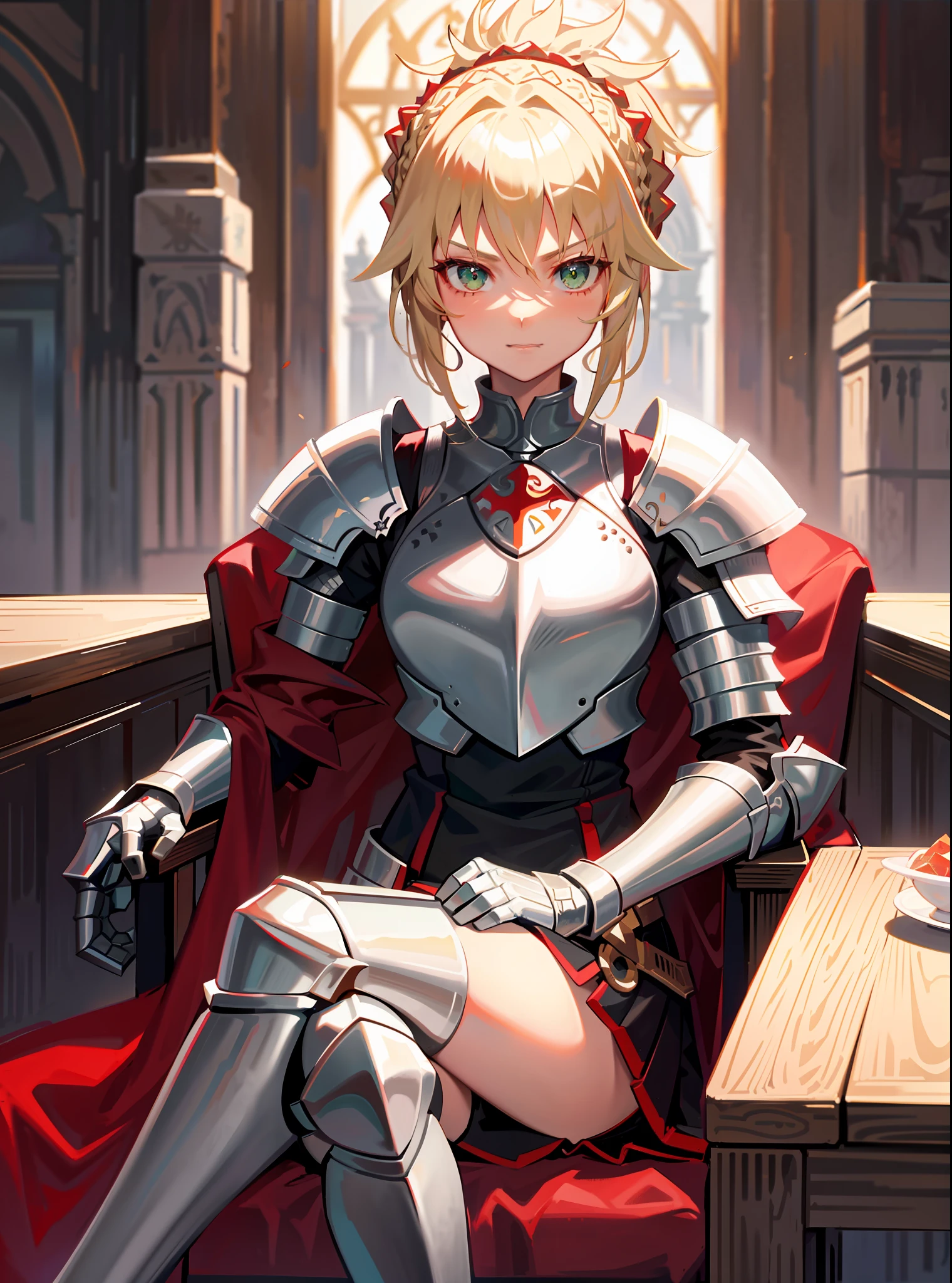 1girl, solo, mordred \(fate\), ponytail, green eyes, braid, smug, full body, full knight armor, silver armor, mordred armor, fate apocrypha, red edges, tavern, table, sitting in chair, crossed legs, no errors, well detailed, extremely well done