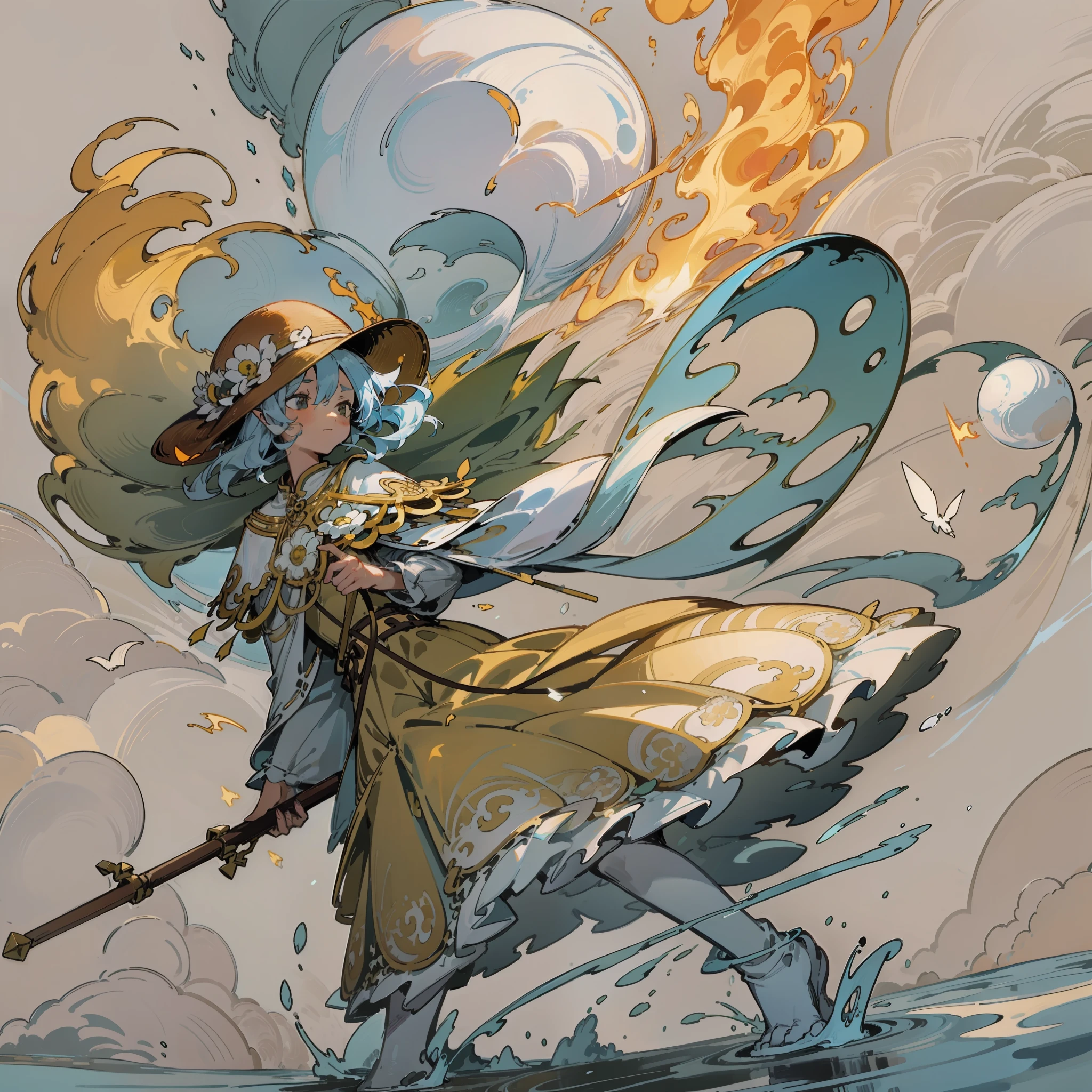 (Goldenwood Water, Fire, Earth Element: 1.331), (Left Hand Suspended Flame), (Right Hand Suspended Ice Pick), Riding the Wind Under Your Feet, (Characters Soaring into the Sky: 1.331), With a Blue Wizard Hat, Wearing a Golden Wizard Long Skirt, Wizard Long Skirt with Lots of Silver Ornaments, (White Chrysanthemum: 1.2), Magic Array Under Feet, Ripples, Rotation, (Back), (Slime Elf on the Ground: 1.4), Wind, Outdoor, Strong Sunlight, Hell, (Broken Mirror in the background: 1.331), Double Eyelids, Convex nose, small mouth, maniacal, comics, ray tracing, detail, 4K, HD, high quality