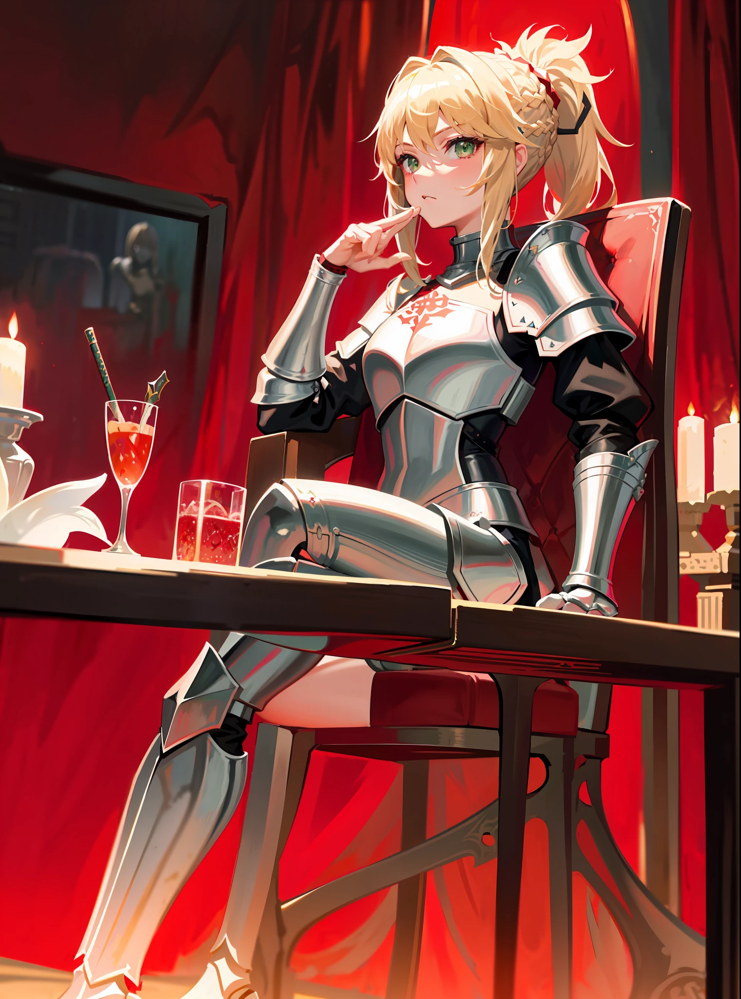 1girl, solo, mordred \(fate\), ponytail, green eyes, braid, smug, full body, full knight armor, silver armor, mordred armor, fate apocrypha, red edges, tavern, table, sitting in chair, crossed legs, no errors, well detailed, extremely well done