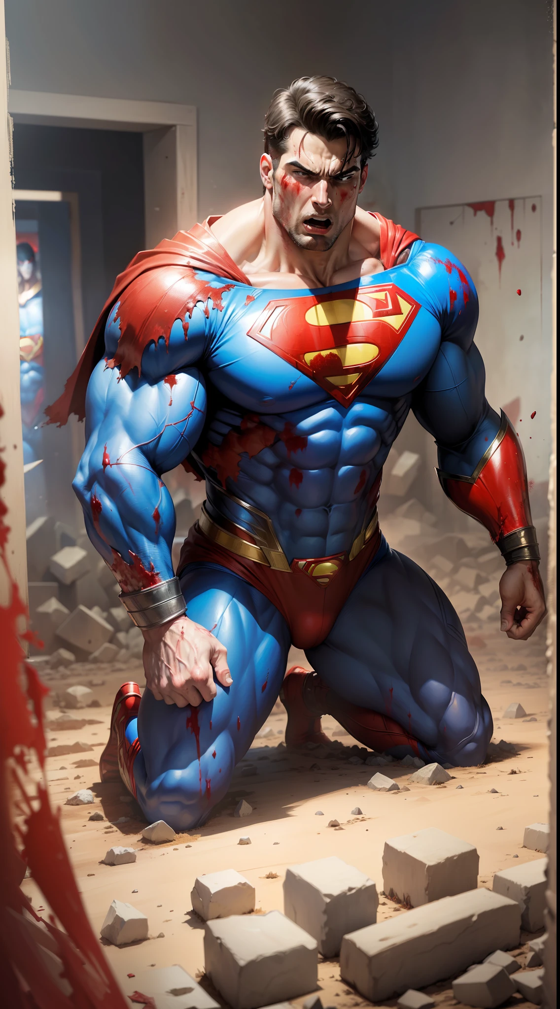 (masterpiece), best quality, an ultra-detailed (wearing superman blue and red uniform)and high-resolution full-body portrait of a giant, muscular Superman, characterized by his immense strength, kneeling, screaming and bloodied, (((( in the background several bodies resulting from a bloody battle))).