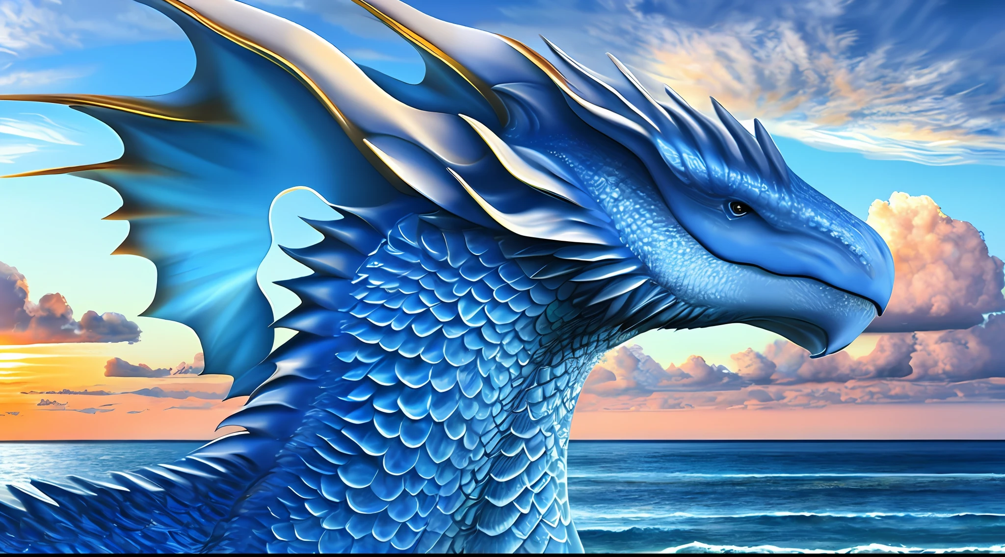 portrait painting of an adult blue dragon, extra detailed scales, frilled neck, ocean with fluffy clouds at sunrise in the background