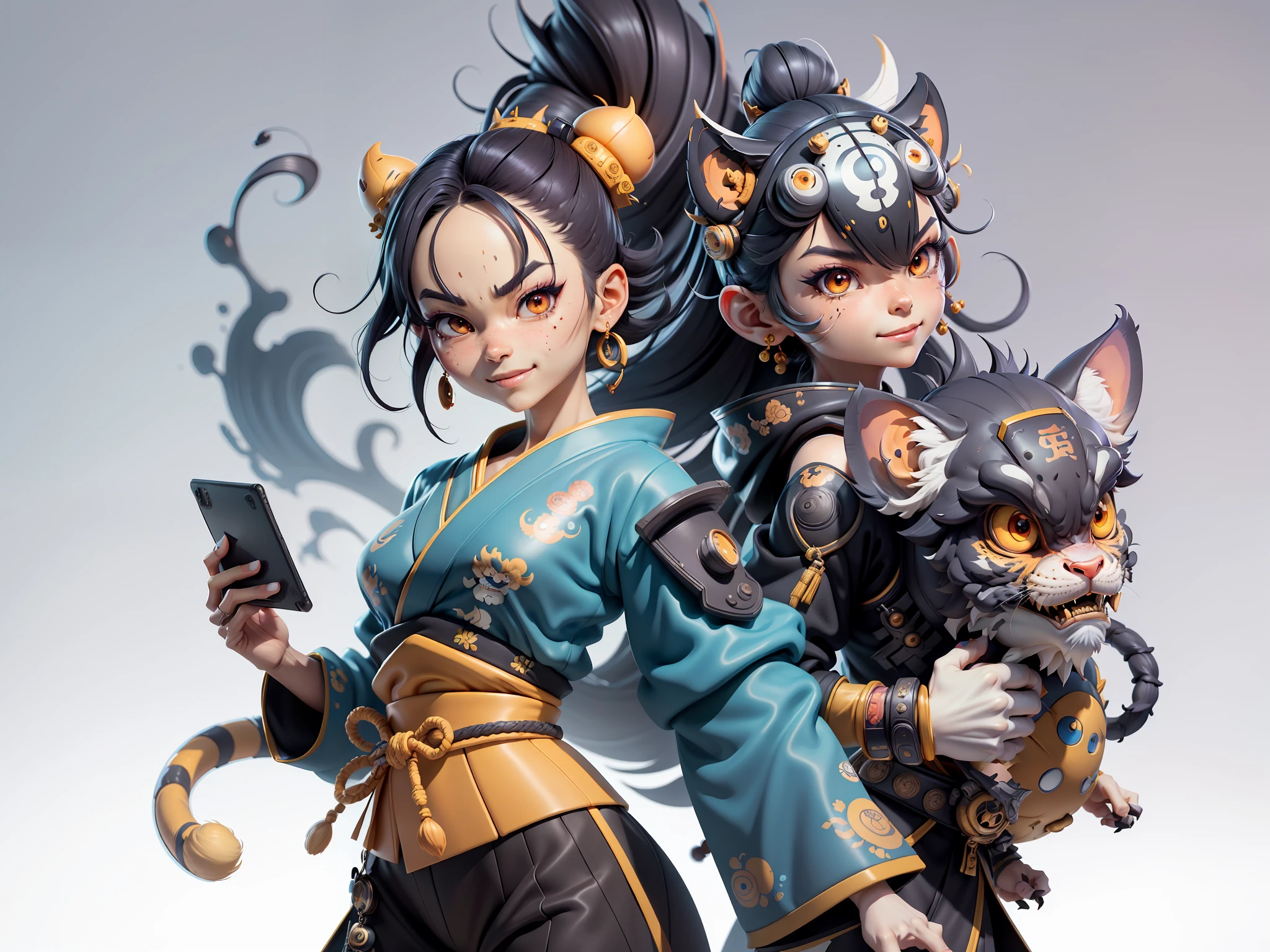(Masterpiece), (Extreme Quality), (Super Meticulous), (Full Body: 1.2), Super Young Woman, Japanese Female Geisha, Beauty, Chinese Dragon, Tiger, Fengshen Thor, Sexy, Bursting, Oriental Face, TV Anchor, Bust Portrait Illustration, Alone, Black Suit, Blue Tie, Slightly Chubby, Very Clean Face, No Beard, Black Super Short Hair, Black Eyes, Confident Smile, 3c Computer Sub-Products, iPad, iPhone, Digital Painting, 3D character design by Mark Clairedon and Pixar and Hayao Miyazaki and Akira Toriyama, the illustrations are HD illustrations in 4K resolution with highly detailed facial features and cartoon-style visuals.