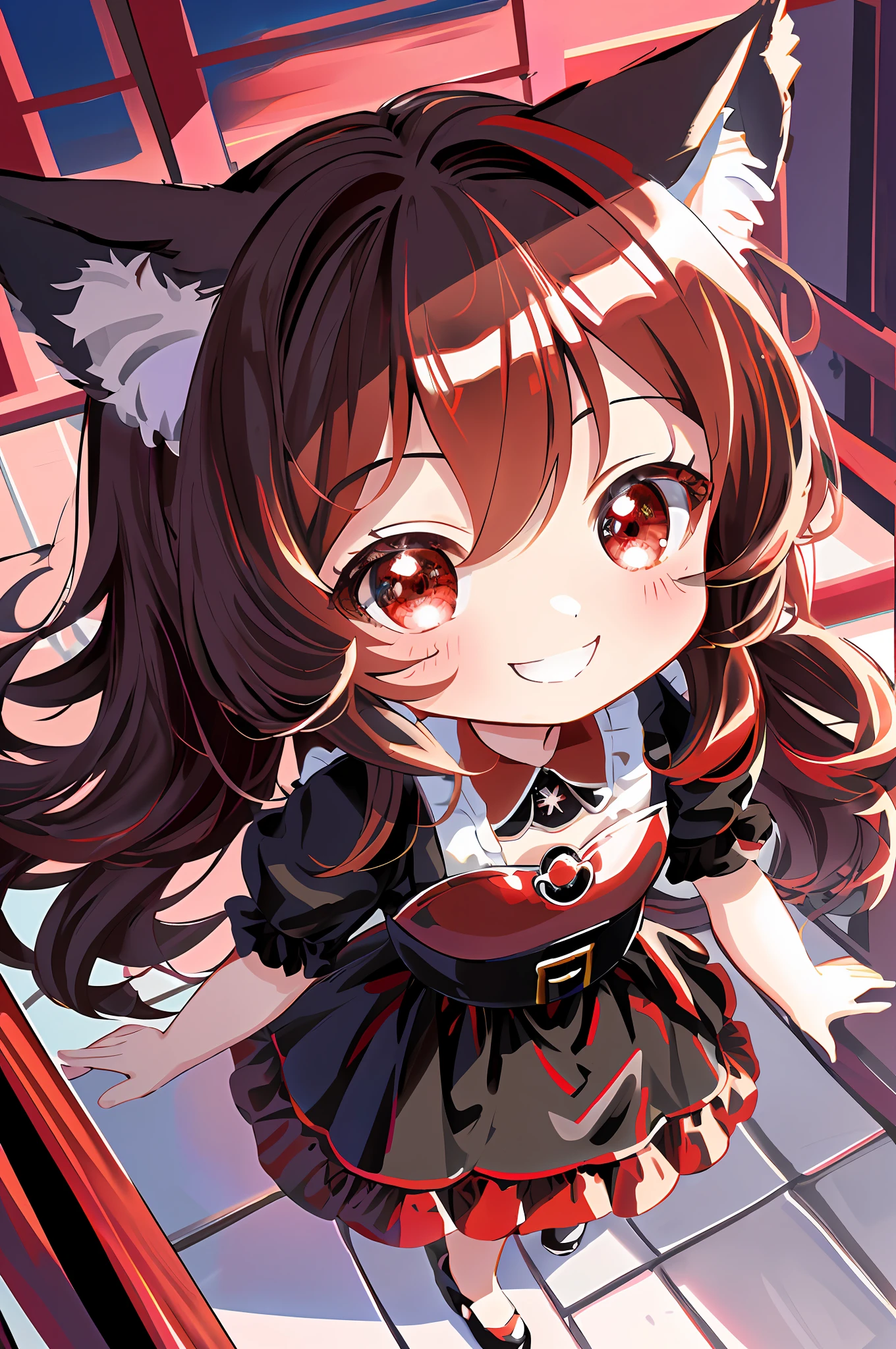 (Chibi Chibi: 1.3), Solo, full body, wearing shiny red and black maid clothes, highly detailed face, (smile: 1.2), lively, (gravure pose: 1.4), beautiful detailed eyes, looking up, (eye to eye), light brown long hair, cat ears, near future, masterpiece, top quality, highly detailed 8k wallpaper