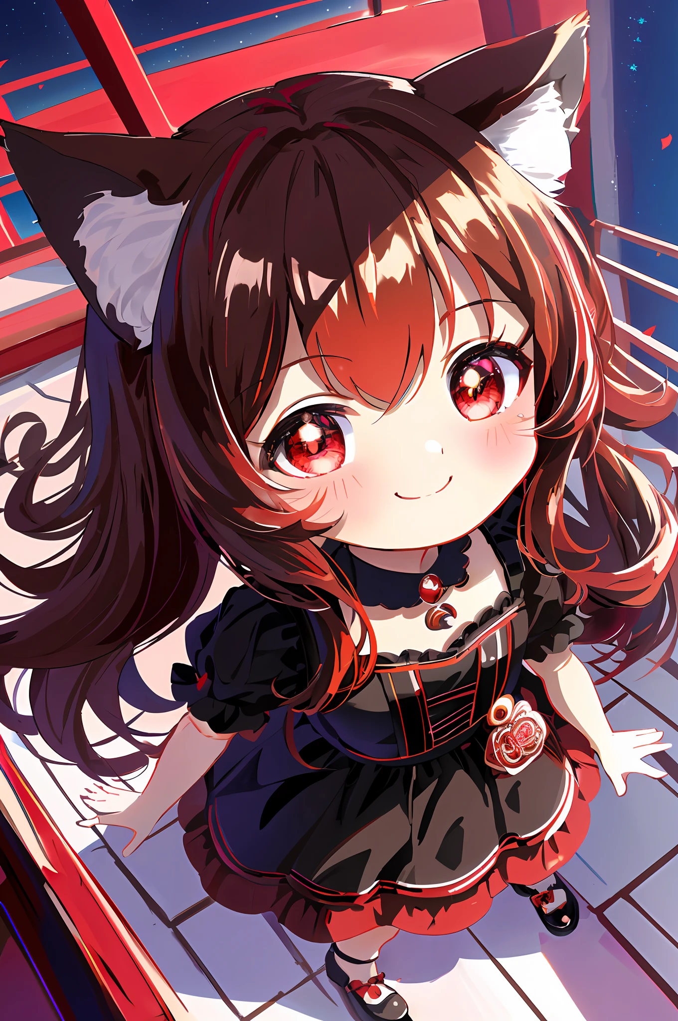 (Chibi Chibi: 1.3), Solo, full body, wearing shiny red and black maid clothes, highly detailed face, (smile: 1.2), lively, (gravure pose: 1.4), beautiful detailed eyes, looking up, (eye to eye), light brown long hair, cat ears, near future, masterpiece, top quality, highly detailed 8k wallpaper
