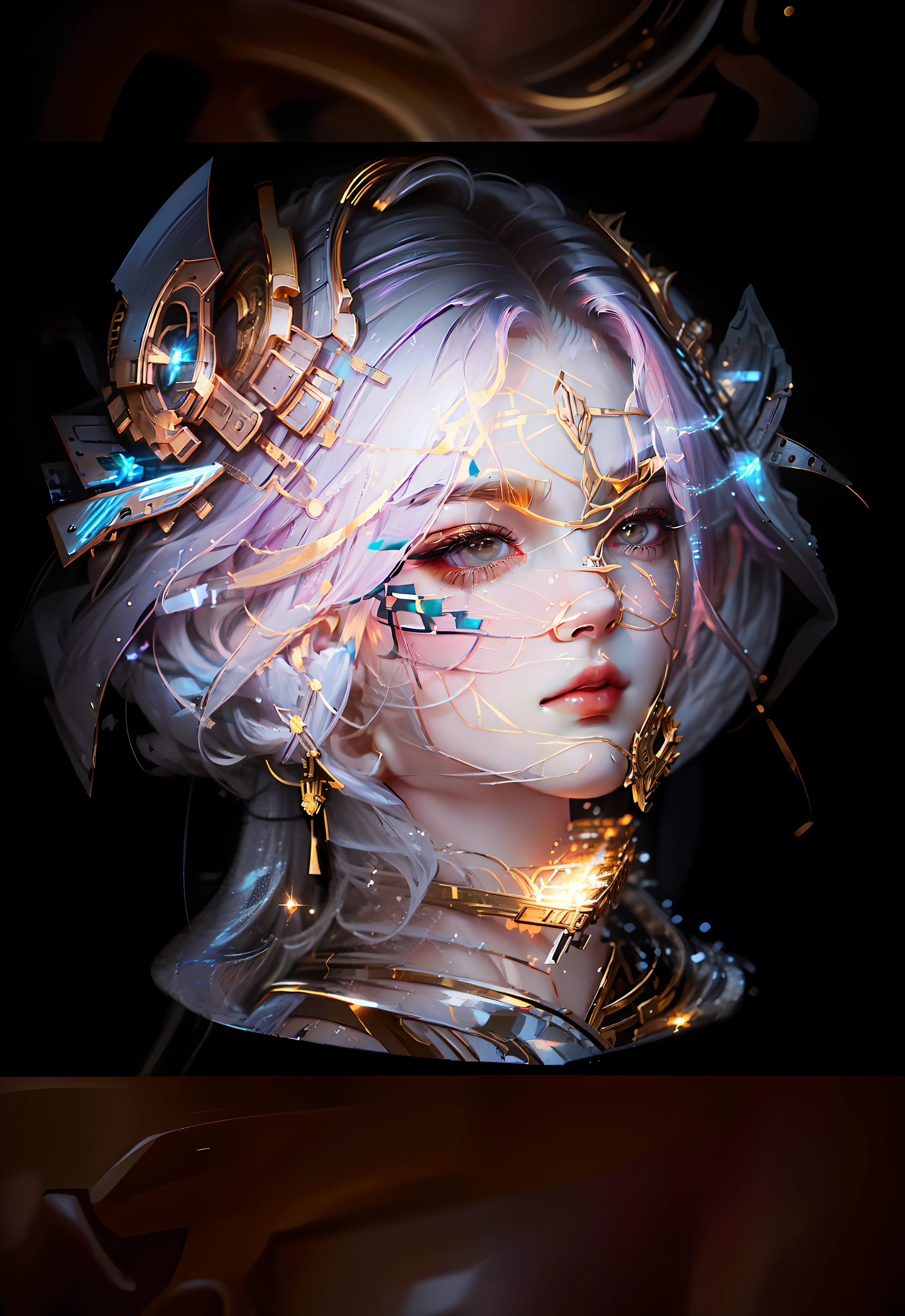8K portrait rendering, CGeSociety portrait, intricate WLOP, digital fantasy portrait, beautiful cyberpunk girl face, 8K high quality detail art, beautiful fantasy portrait, perfect ratio face, realistic background, black and gold