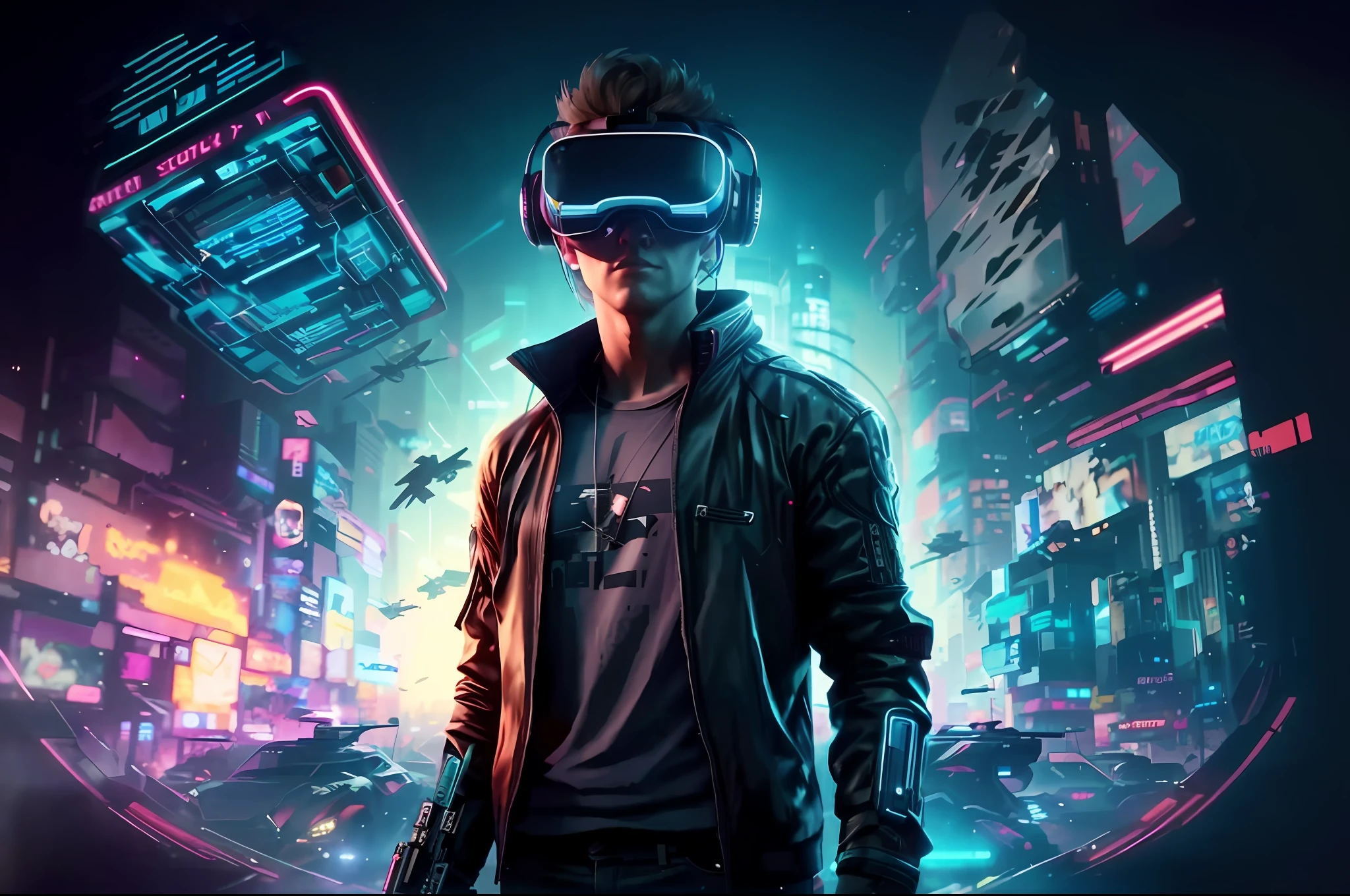 A man in black jacket and glasses, blonde hair, thin beard, stands in front of a futuristic city, VR game, cyberpunk vibe, cyberpunk vibes, cyberpunk vibes, deeper into the metaverse we go, has cyberpunk style, cyberpunk theme, in cyber punk 2077, futuristic cyberpunk, future cyberpunk, synthwave, wearing cyberpunk streetwear, futuristic cyberpunk, cyberpunk tech, retro cyberpunk, synthwave style