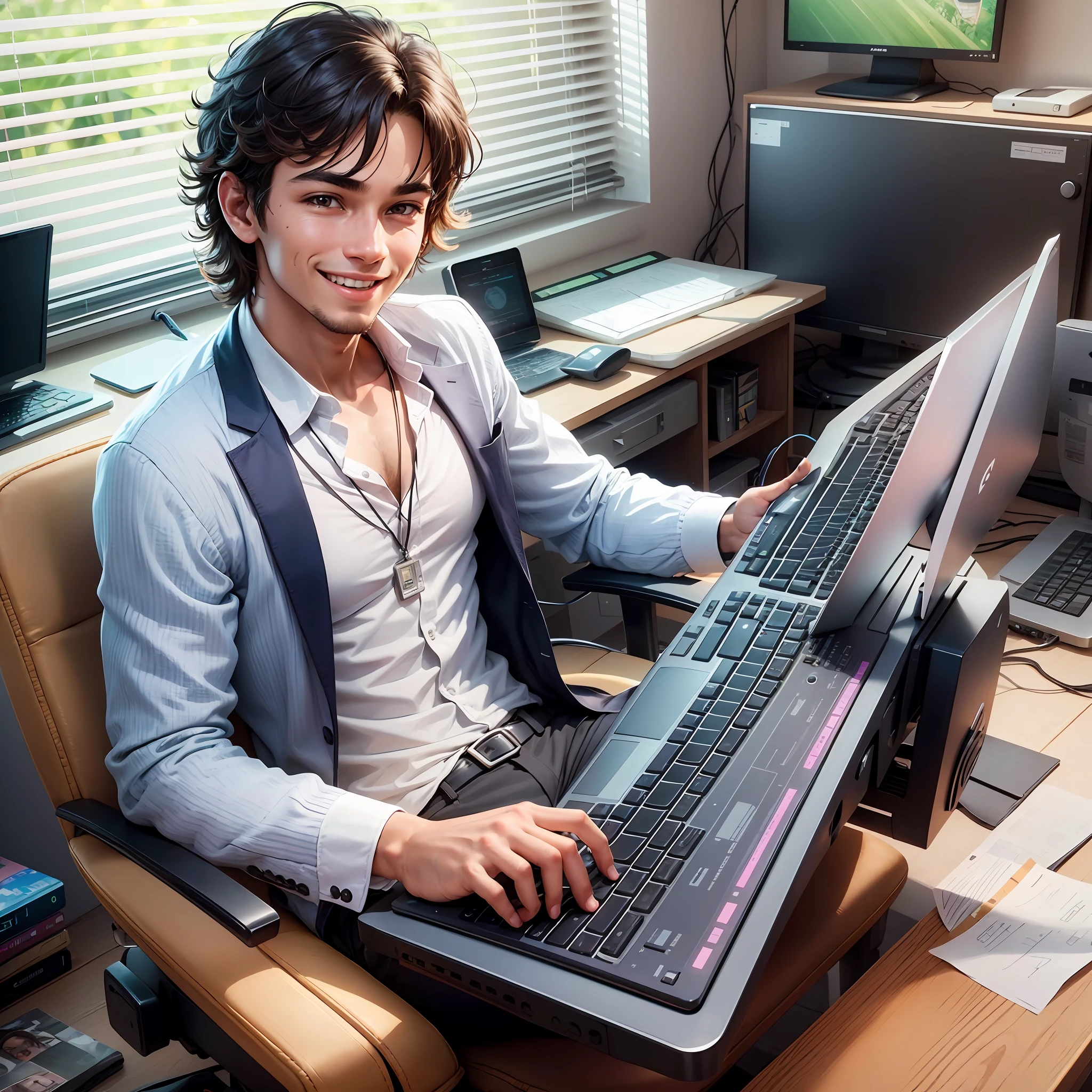 The image is of an enthusiastic and confident young entrepreneur in front of a computer. He's sitting in a comfortable chair, staring at the computer screen with a smile on his face. The screen lights illuminate his face, highlighting his happy and fulfilled expression. The image conveys a sense of optimism, energy and determination, suggesting that the young person is working on something important and is excited about what they are doing. --auto --s2