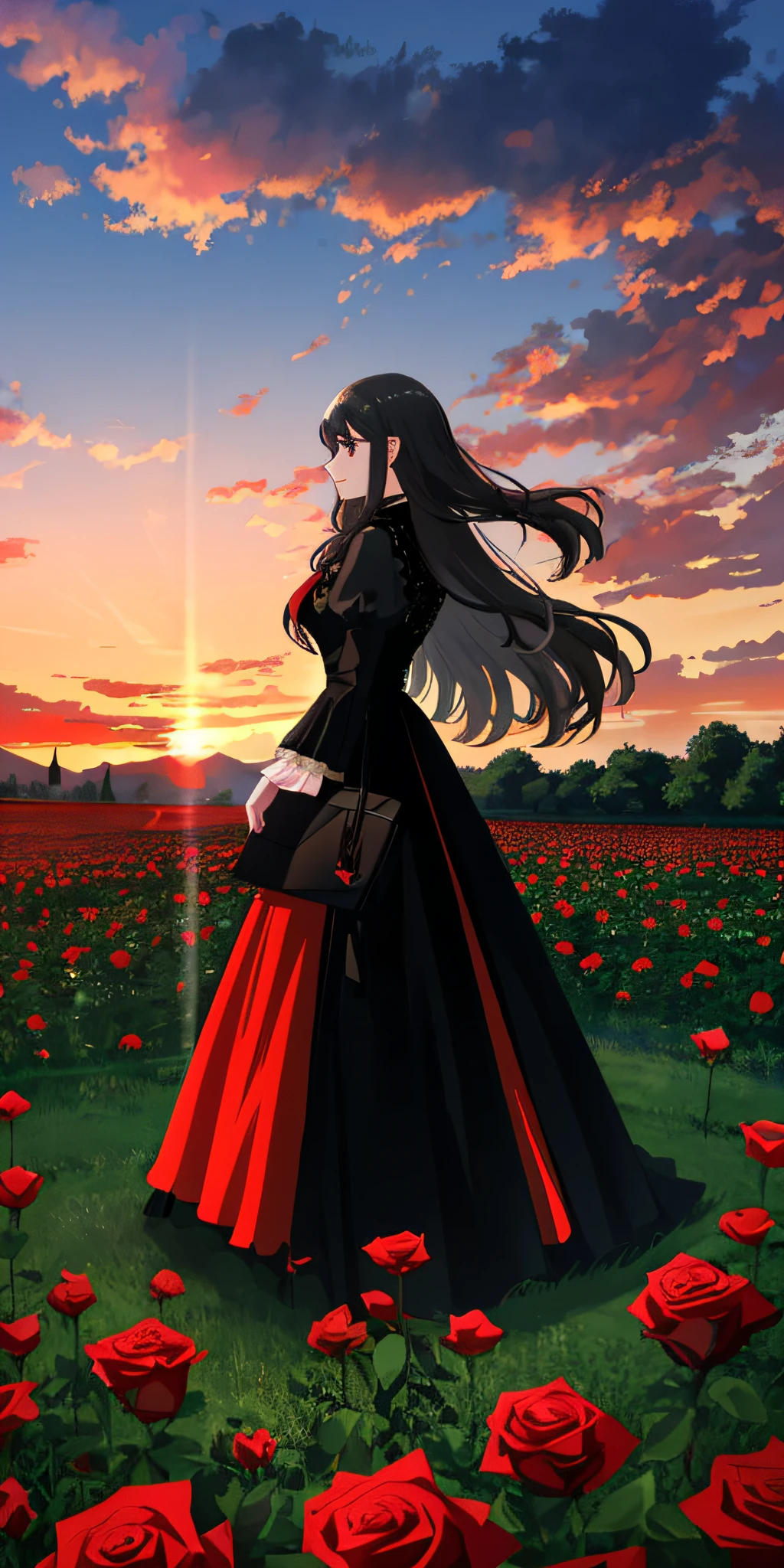 a huge black marble tower in the center of a field of red roses, top diagonal view, sunset spectacular clouds