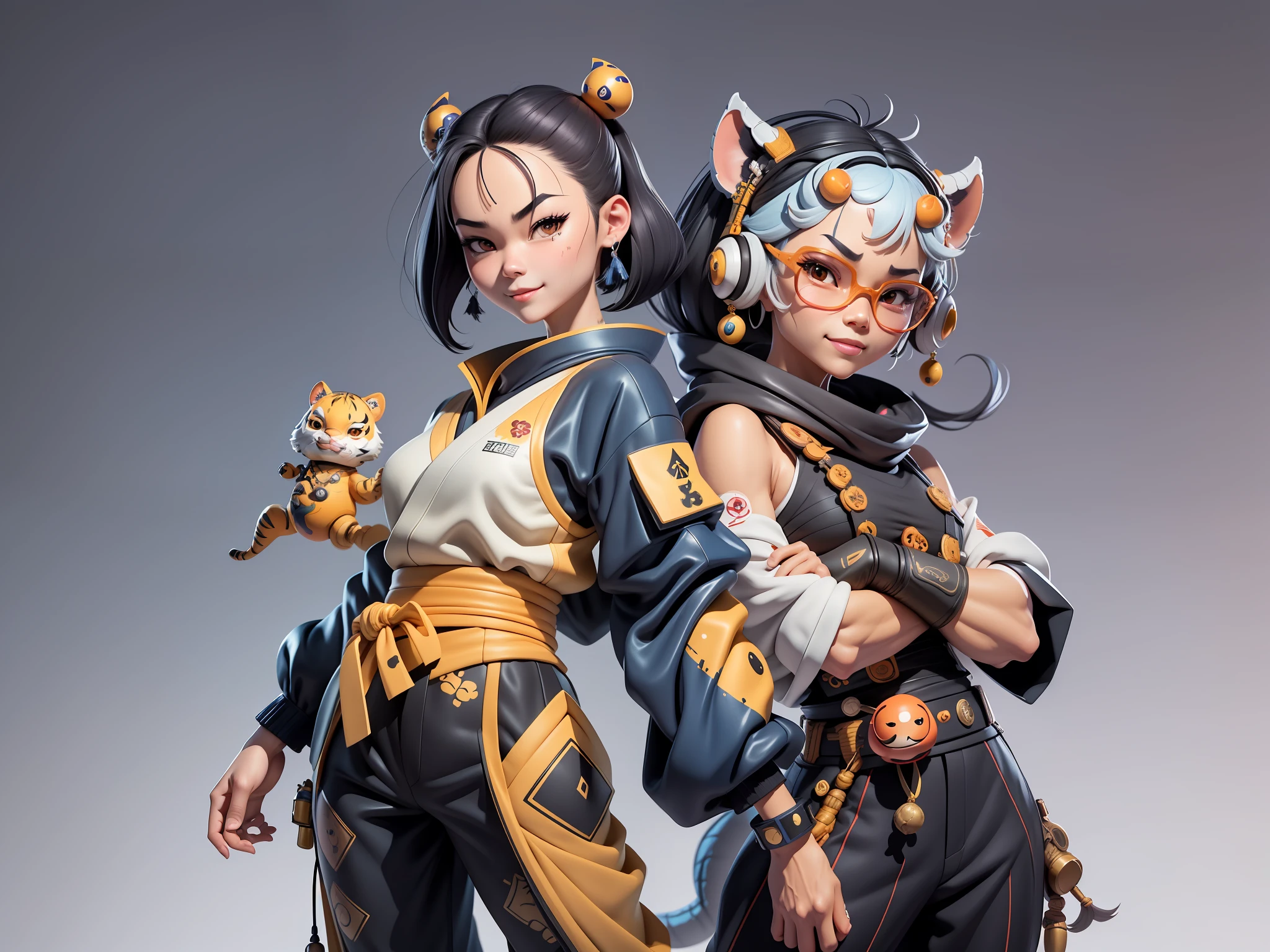 (Masterpiece), (Extreme Quality), (Super Meticulous), (Full Body: 1.2), Super Young Woman, Japanese Female Geisha, Beauty, Chinese Dragon, Tiger, Fengshen Thor, Sexy, Bursting, Oriental Face, TV Anchor, Bust Portrait Illustration, Alone, Black Suit, Blue Tie, Slightly Chubby, Very Clean Face, No Beard, Black Super Short Hair, Black Eyes, Confident Smile, 3c Computer Sub-Products, iPad, iPhone, Digital Painting, 3D character design by Mark Clairedon and Pixar and Hayao Miyazaki and Akira Toriyama, the illustrations are HD illustrations in 4K resolution with highly detailed facial features and cartoon-style visuals.
