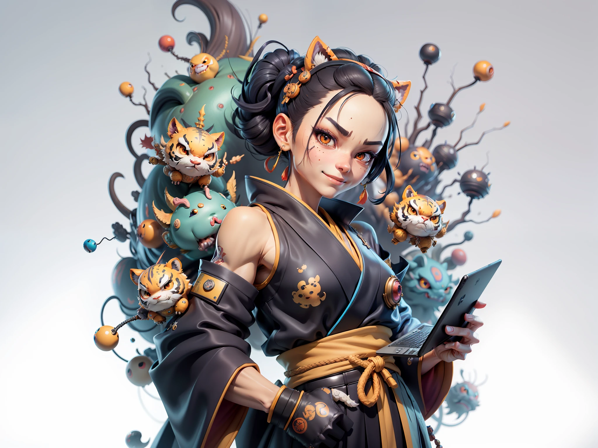 (Masterpiece), (Extreme Quality), (Super Meticulous), (Full Body: 1.2), Super Young Woman, Japanese Female Geisha, Beauty, Chinese Dragon, Tiger, Fengshen Thor, Sexy, Bursting, Oriental Face, TV Anchor, Bust Portrait Illustration, Alone, Black Suit, Blue Tie, Slightly Chubby, Very Clean Face, No Beard, Black Super Short Hair, Black Eyes, Confident Smile, 3c Computer Sub-Products, iPad, iPhone, Digital Painting, 3D character design by Mark Clairedon and Pixar and Hayao Miyazaki and Akira Toriyama, the illustrations are HD illustrations in 4K resolution with highly detailed facial features and cartoon-style visuals.