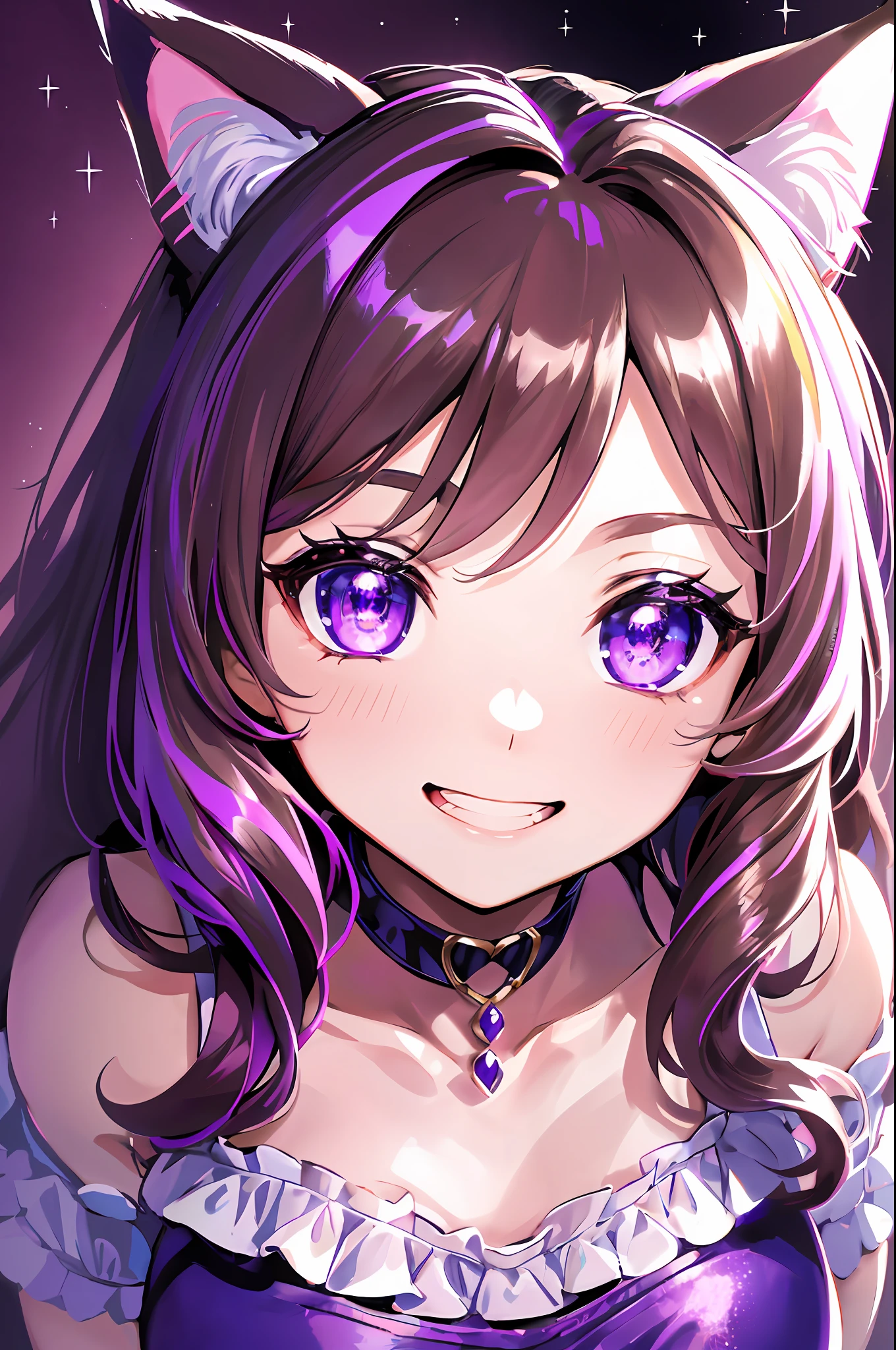 (Chibi Chibi: 1.3), Solo, full body, wearing shiny purple maid clothes, highly detailed face, (smile: 1.2), lively, (gravure pose: 1.4), beautiful detailed eyes, looking up, (eye meet), light brown long hair, cat ears, near future, masterpiece, top quality, highly detailed 8k wallpaper