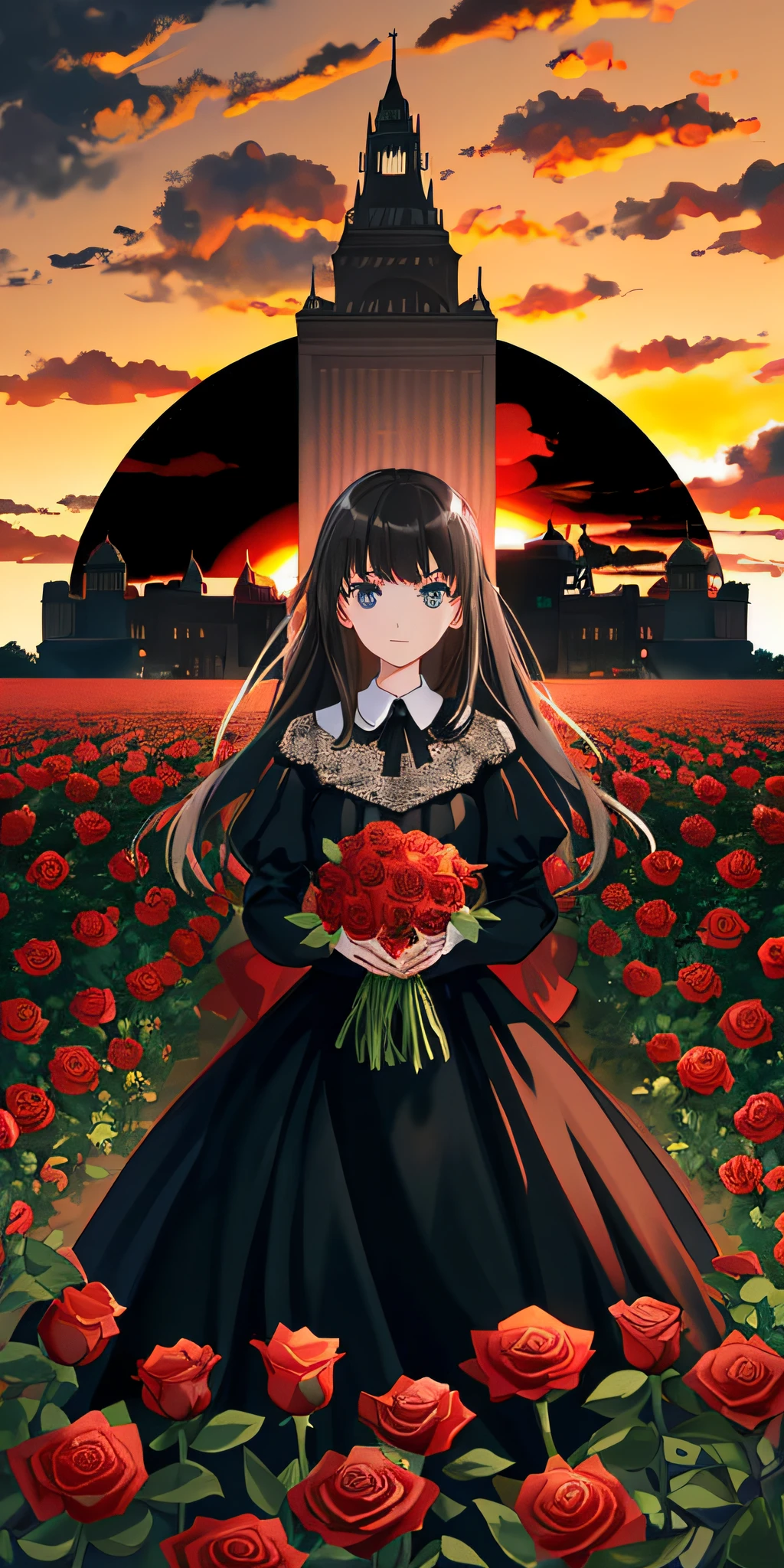 a huge black marble tower in the center of a field of red roses, top diagonal view, sunset spectacular clouds