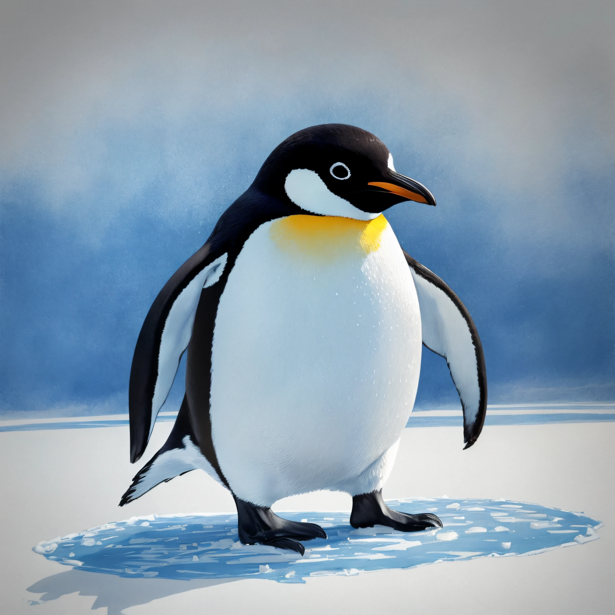Penguin standing on ice, white and blue blurred background, excellent quality drawing, solid color background, good animal detail, sloppy paint pattern