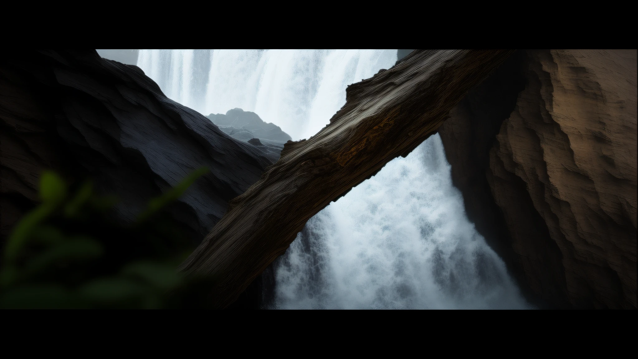 there is a large tree branch sticking out of a waterfall, brutalist waterfall environment, (waterfall), waterfall. fog, waterfall, water flow, driftwood, abstract nature, organic matte painting, waterfall in asteroid field, mist from waterfall, waterfall backdrop, double exposure tree bark, rushing water, canyon, rough waters, soft focus matte painting, archival pigment print