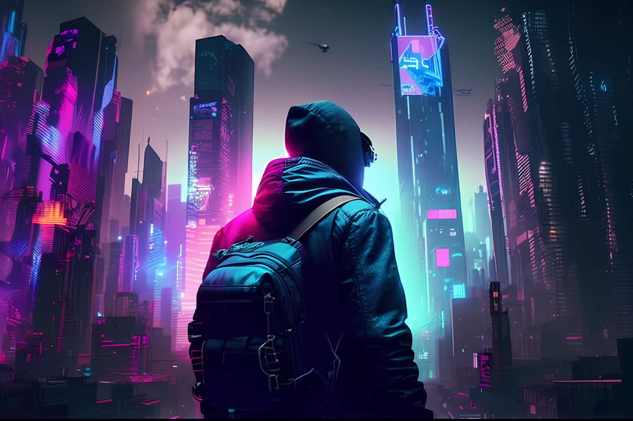 A realistic man in a backpack standing in front of a city with neon lights, in cyberpunk city, cyberpunk vibe, cyberpunk in a cyberpunk city, has cyberpunk style, increasingly cyberpunk, in cyberpunk aesthetic, beeple!!, hybrid style blend of beeple, cyberpunk aesthetic, cyberpunk aesthetic, beeple style, cyberpunk vibrant colors, cyberpunk vibes