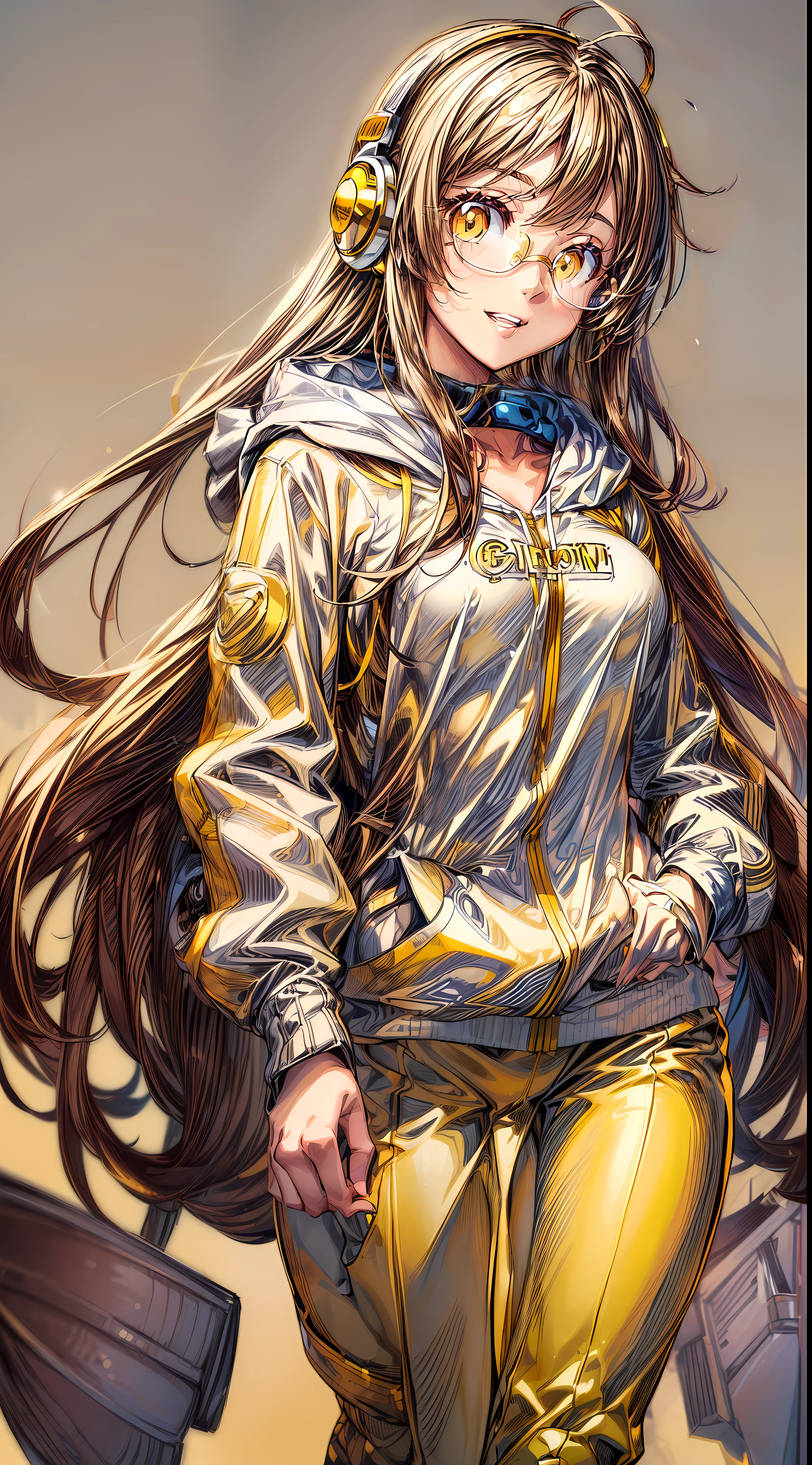 ((1girl, young anime woman, long brown hair, beautiful golden eyes, bright eyes, glasses, marauding smile, headphones, medium breasts, thin waist, normal clothing(white and yellow hooded jacket, white pants, golden yellow sneakers)))), (character design sheet, same character, same outfit, front, side, back), illustration, (single background, white background: 1.3)