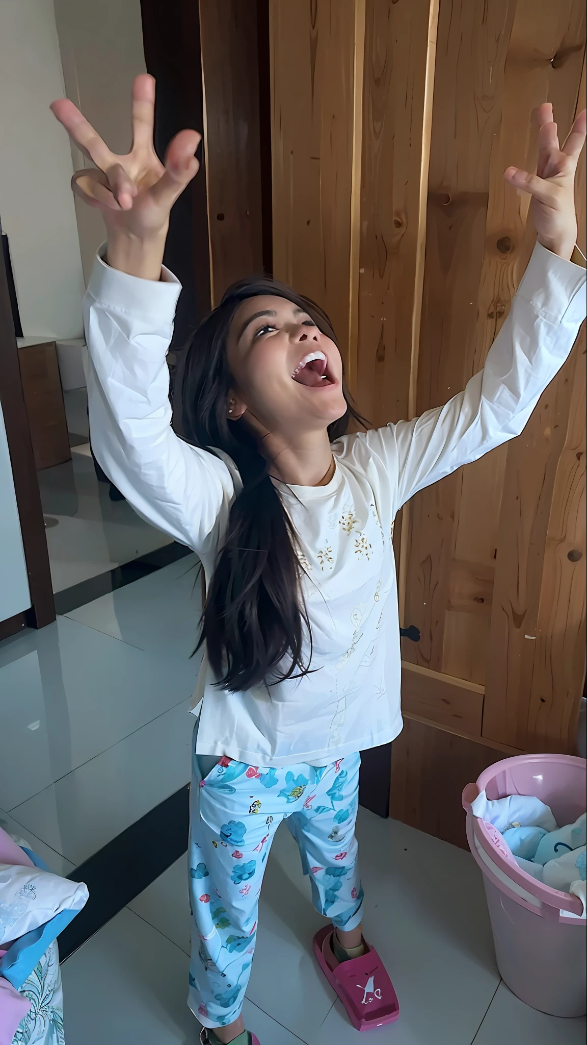 there is a young girl standing in a room with her hands up, she expressing joy, she is smiling and excited, as she looks up at the ceiling, excited expression, being delighted and cheerful, doing a majestic pose, with a happy expression, in an action pose, very excited, excited, captured with sony a3 camera, with arms up, screaming into air