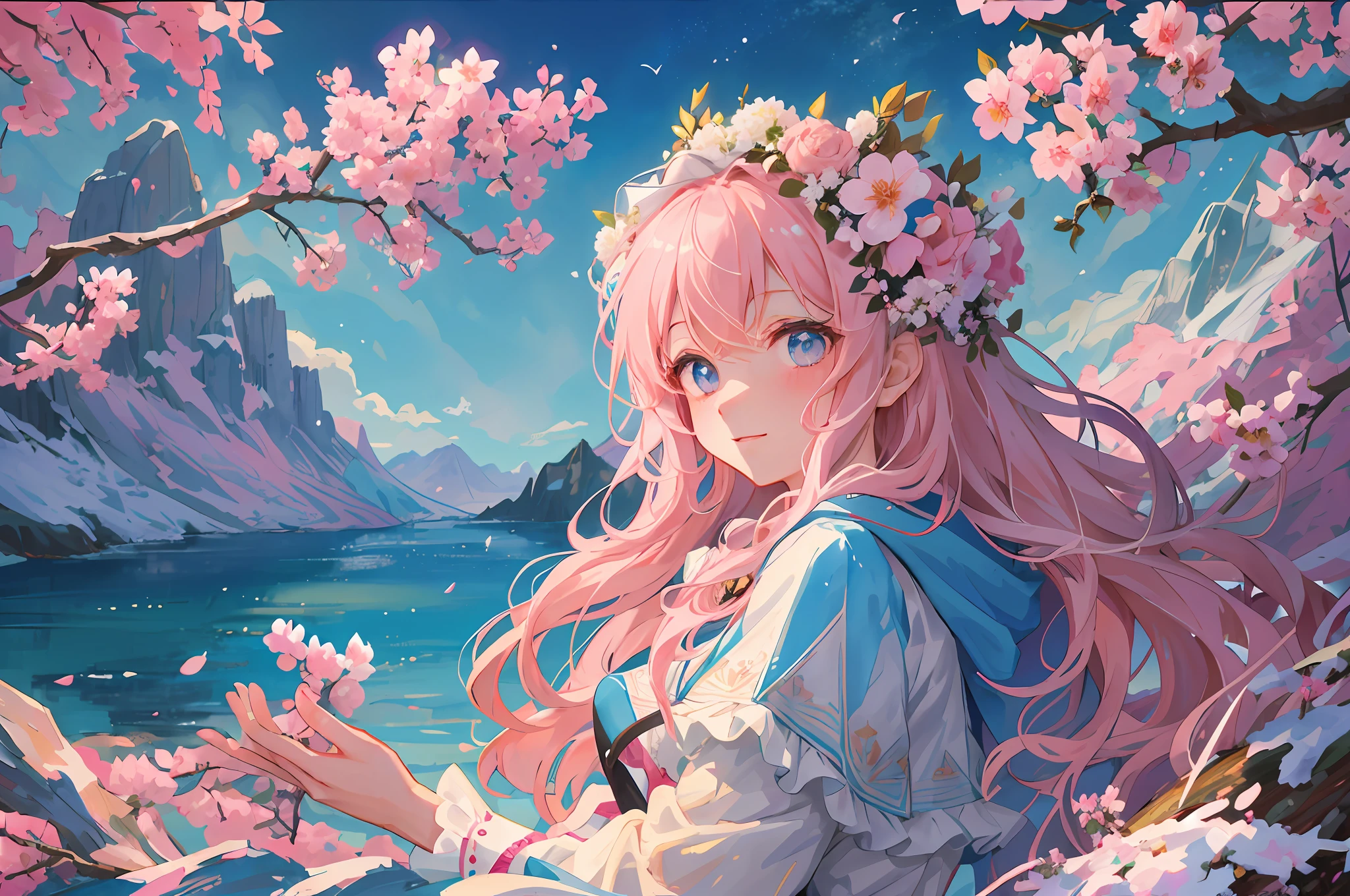 (1girl:1.2), slight blush, wavy hair, long hair, fluffy hair, pink hair, ice blue eyes, sakura tree, hair flower, capelet, lace trim, bodice, wind, winter, mountain range, mountain sitting near mountain, detailed water, sparkling eyes, light smile, peaceful, extremely detailed, depth of field, cinematic lighting, Ghibli-like colours, high detail, scenery, high place, horizon, wind, wind blow, looking at viewer,  lolita clothes, 8k, standing on wooden bridge, bokeh, from side, award winning, (masterpiece:1.2), best quality, anatomically correct, (perfect hands:1.3)