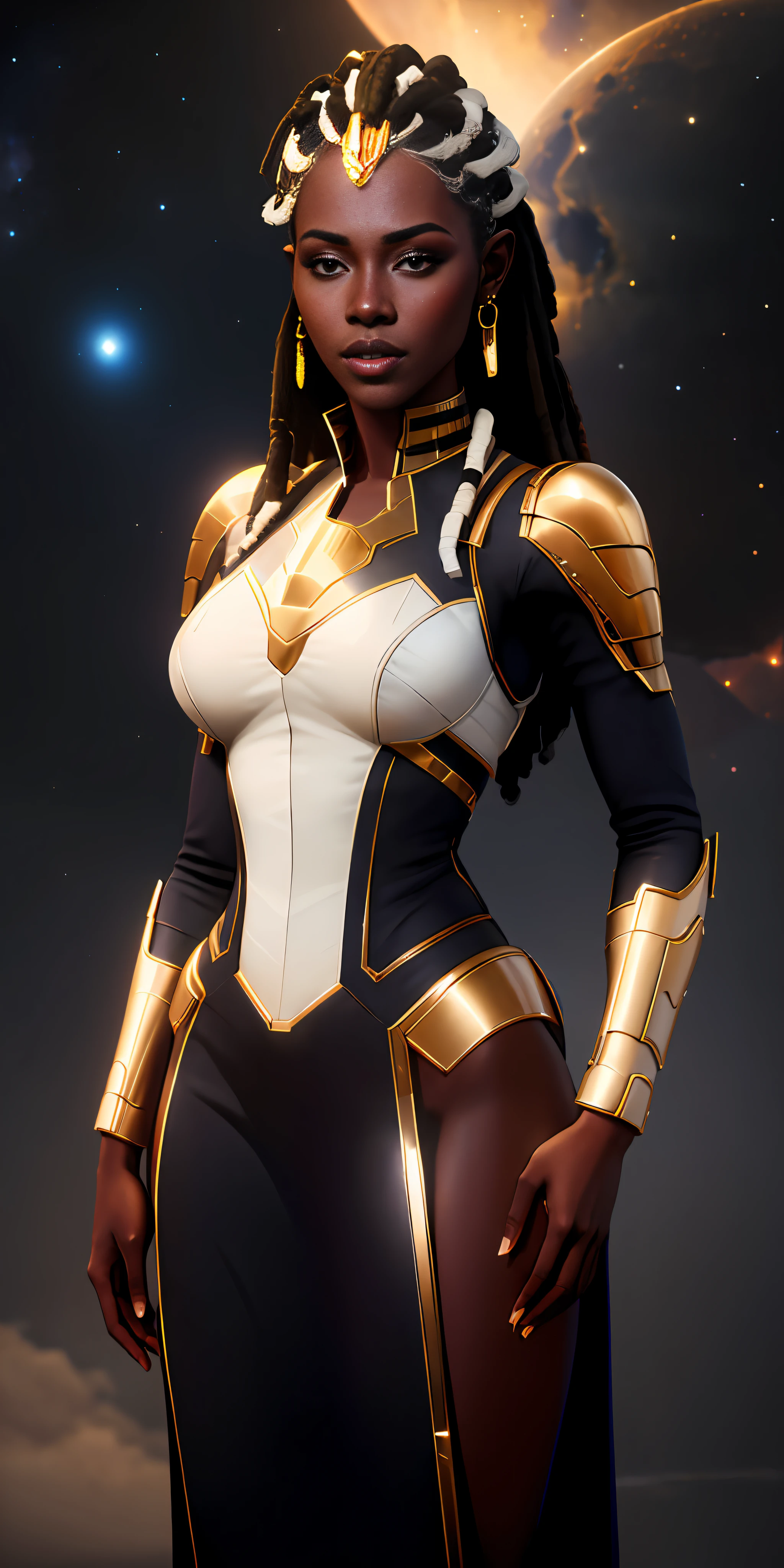 ((realistic image of a beautiful African-American woman, dark skin color)), beautiful smile, ((looking at the night sky, standing natural pose, in front of the Millennium Falcon)), wearing mandallor armor, long mega hair hair, dreadlocks, ((kanekalon)), camera view against plongée, golden ratio, dark background lighting, close-up, detailed facial details, perfect face, sharpness, trend art, Sharp facial details, ultra high quality, line art, high fantasy, exquisite, 4k, soft lighting 8k, dreamy --iso 100