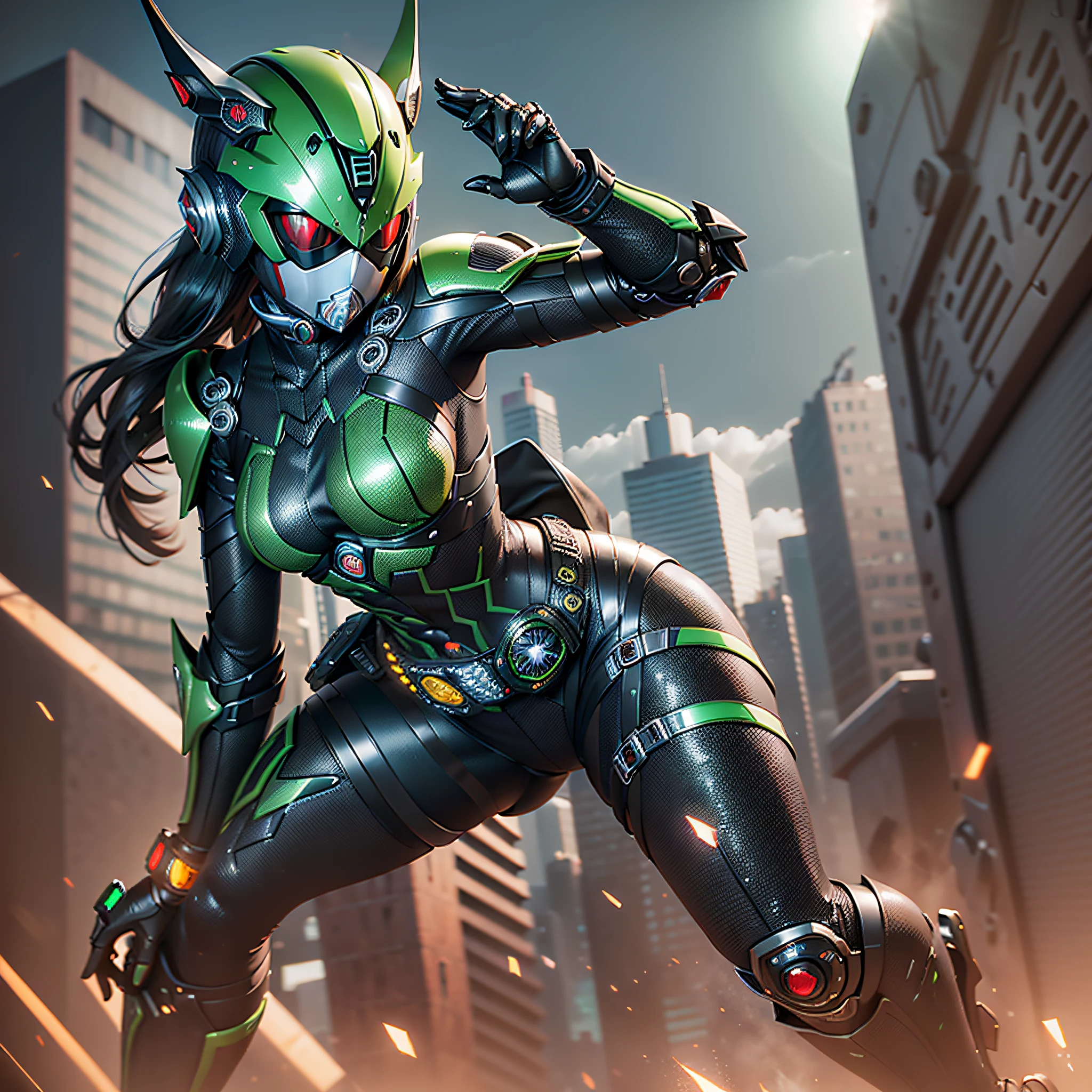 (highest quality)), (masterpiece)), (details: 1.4), 3D, 1girl, full-body image, five-fingered, two-armed, two-legged, no weapon in hand, ((Female Kamen Rider image)), image of a woman in a black flying locust-style cyber battlesuit, (((Add Kamen Rider's stainless steel mechanical belt at the waist)), (( Decoration of two V-shaped tactile blade antennas on the forehead of the helmet)), ((Image of a female Kamen Rider)), (full-face helmet inspired by flying locusts covering the head),(( Guard armor at the mouth of mechanical split details in stainless steel material)), (Deep green stalwart mechanical bust armor),(Red Cyborg Eyes lit red), HDR (High Dynamic Range), Ray Tracing, NVIDIA RTX, Super Resolution, Unreal 5, Subsurface Scattering, PBR texturing, post-processing, Anisotropic filtering, depth of field, maximum clarity and sharpness, multi-layered textures, albedo and specular maps, surface shading, accurate simulation of light-material interactions, slender body, perfect proportions, sharp eyeliner, (full body)), sharp focus, two-tone lighting, wide aperture, low ISO, White Balance, Third Rule, 8K RAW, Circuit Board AI, 4k, Fog, Night City Background, ((Don't Hold Weapons))